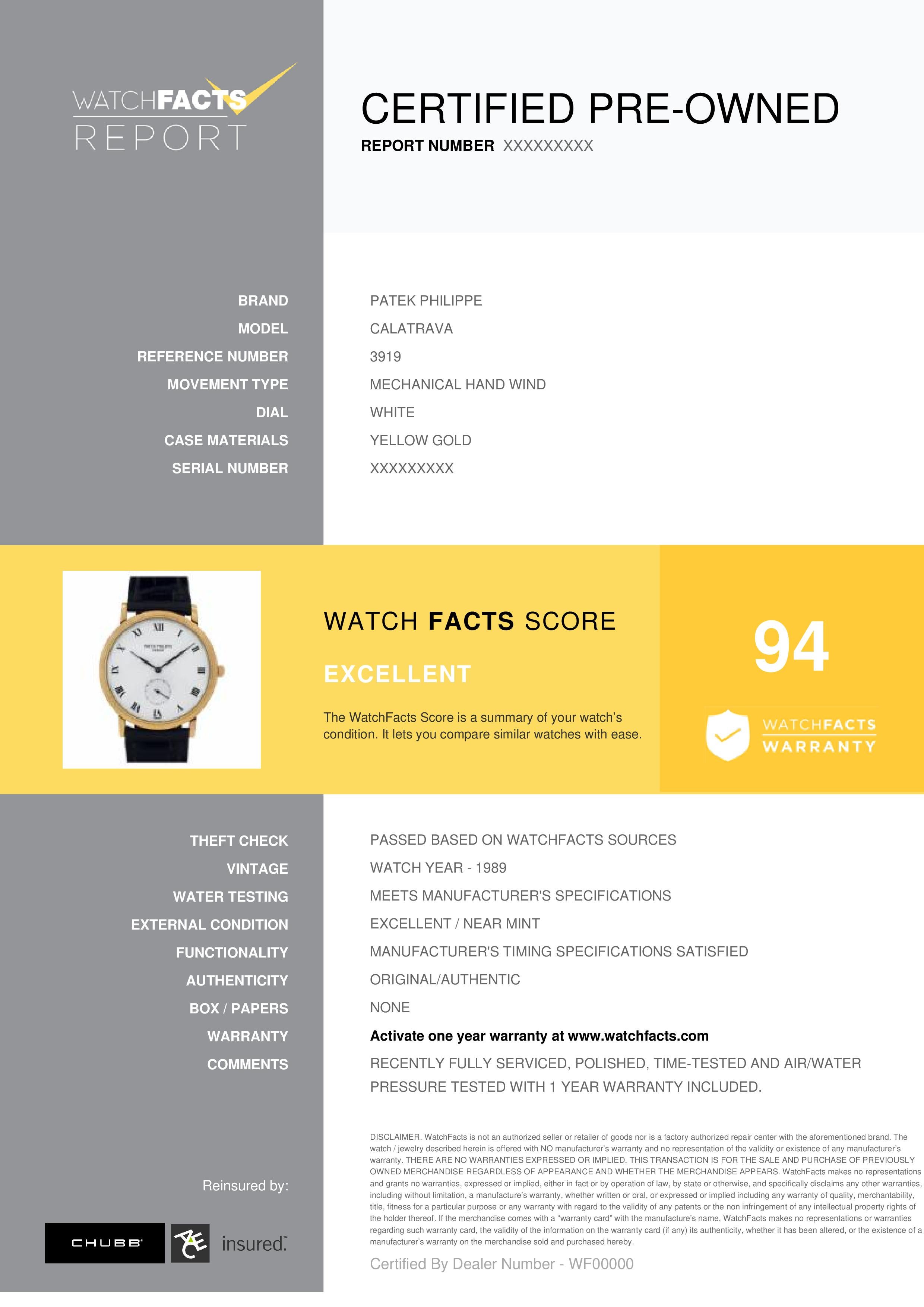 Patek Philippe Calatrava Reference #: 3919. Mens Mechanical Hand Wind Watch Yellow Gold White 33 MM. Verified and Certified by WatchFacts. 1 year warranty offered by WatchFacts.
