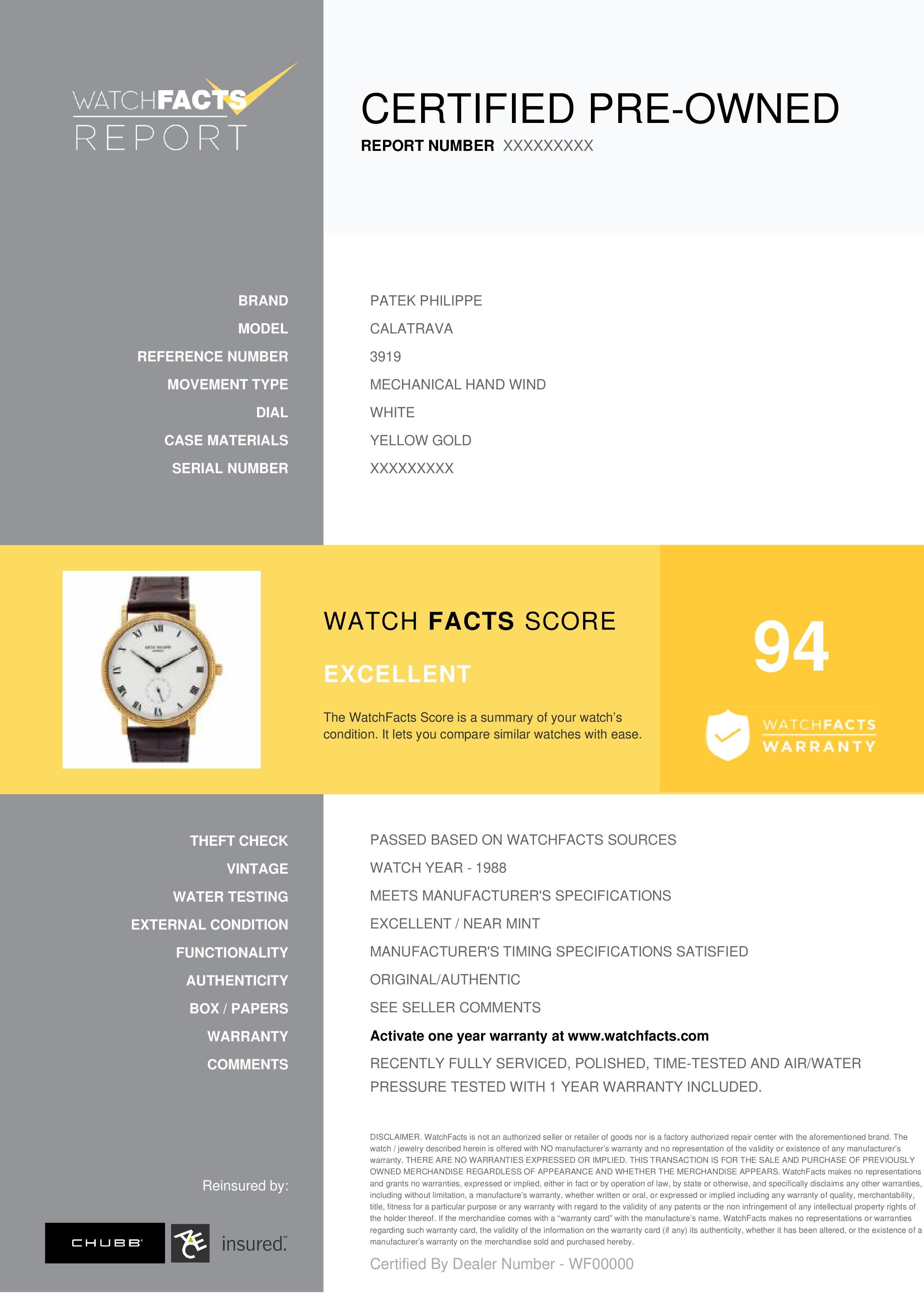 Patek Philippe Calatrava Reference #: 3919. Mens Mechanical Hand Wind Watch Yellow Gold White 33 MM. Verified and Certified by WatchFacts. 1 year warranty offered by WatchFacts.

