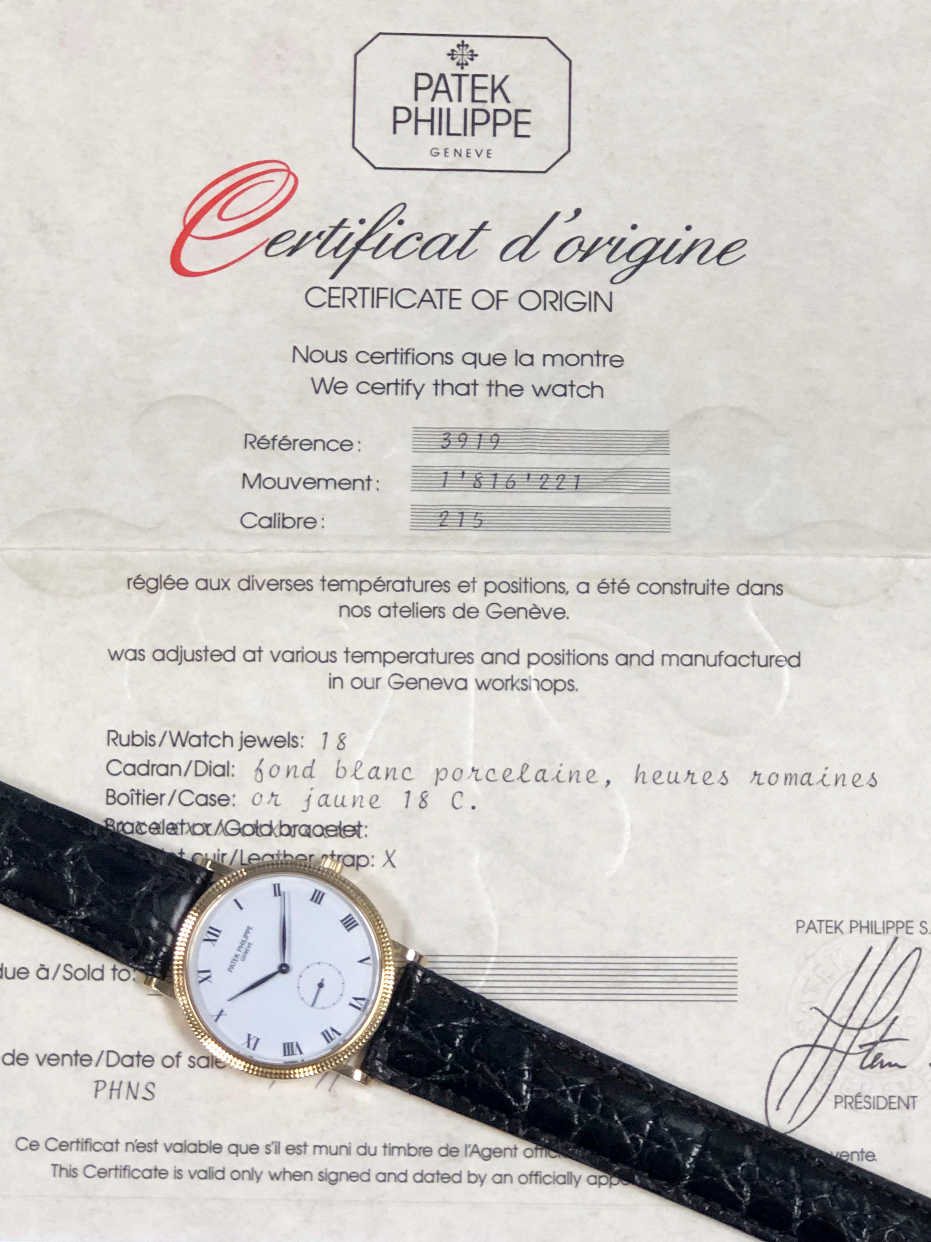 Patek Philippe Calatrava 3919 Yellow Gold Mechanical Wrist Watch complete set For Sale 2