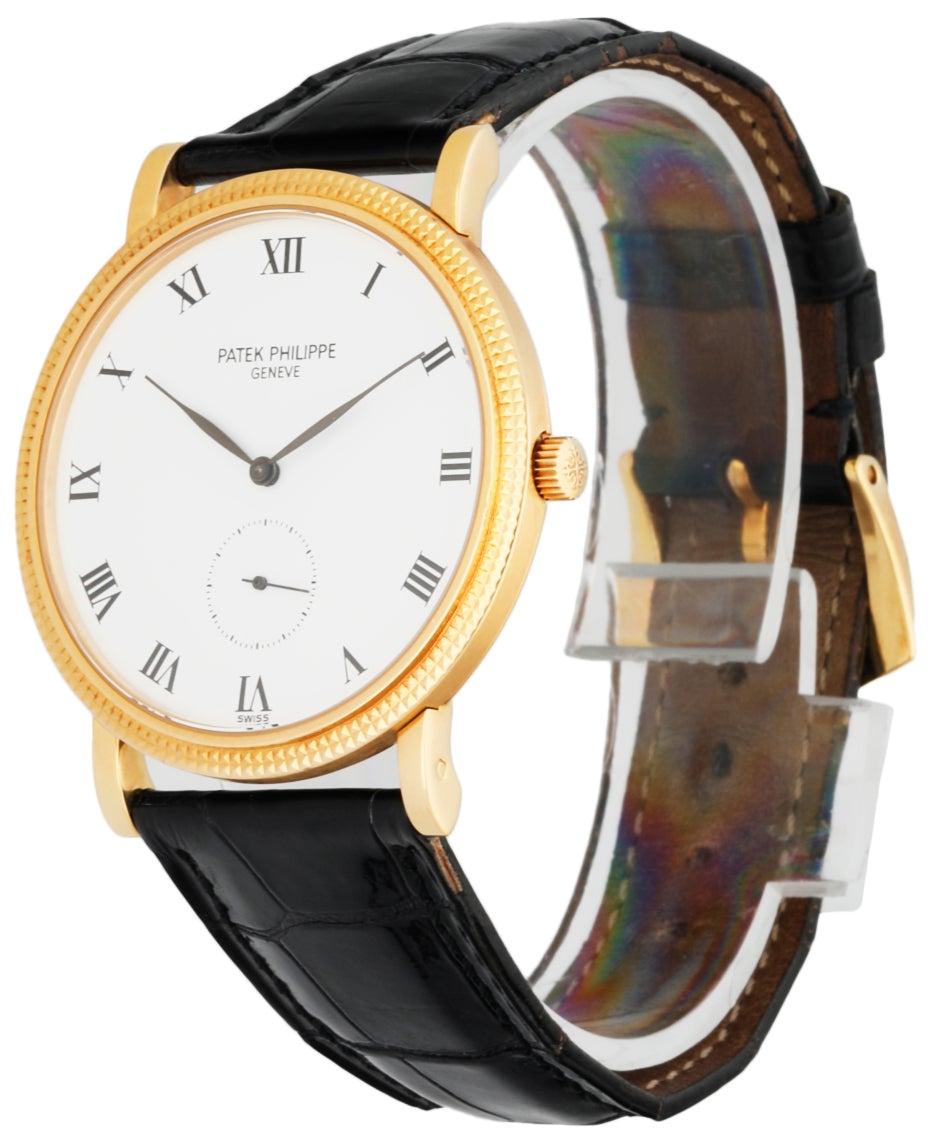 Patek Philippe Calatrava 39195 Men's Watch. 34mm 18k yellow gold case and bezel. White dial with black hands and Roman numeral hour marker. Small second sub-dial display between 5 & 7 o'clock position. Black  leather strap with gold buckle. Will fit