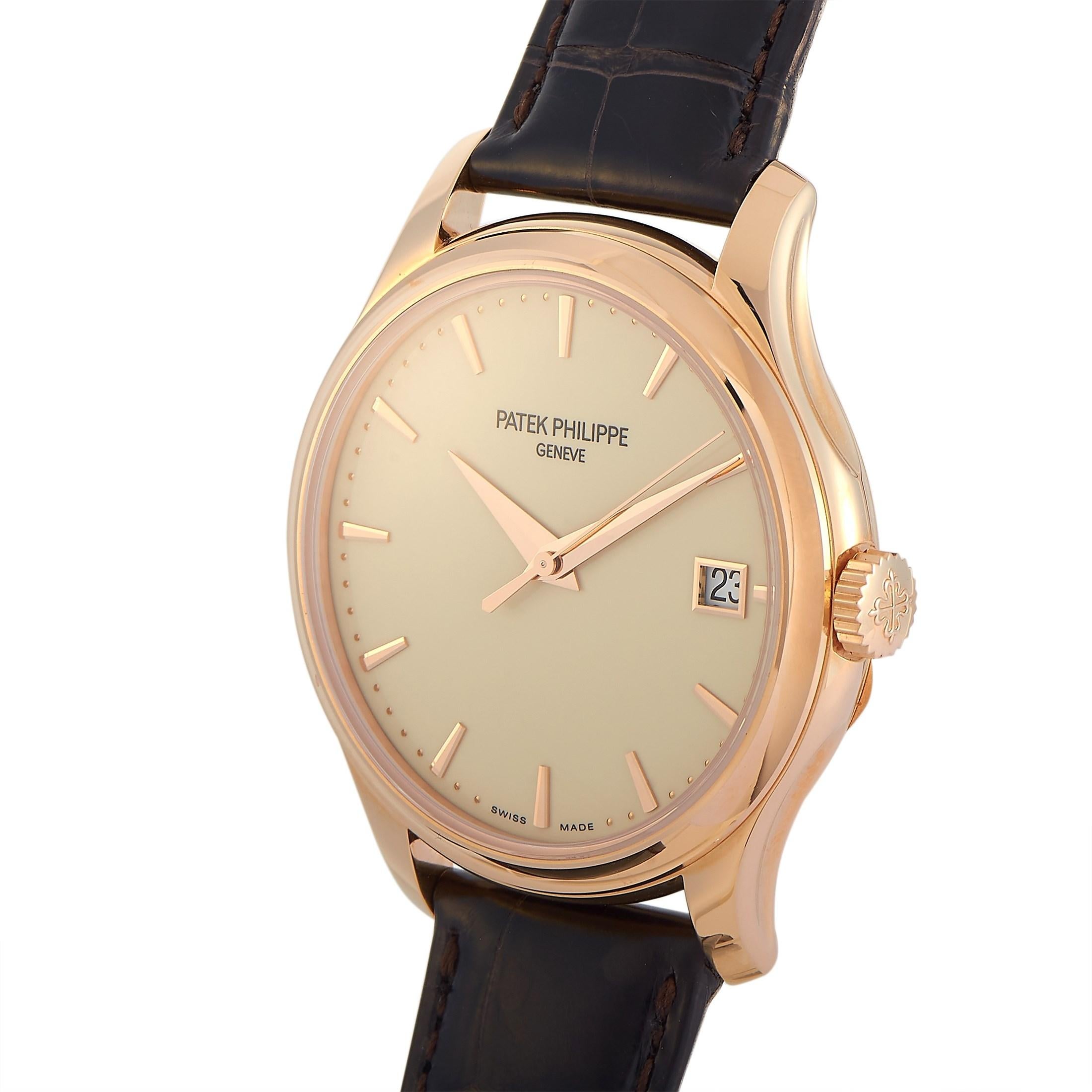 The Patek Philippe Calatrava Watch, reference number 5227R-001, boasts a crisp, classic sense of style that will always be relevant. 

An opulent 39mm case crafted from 18K Rose Gold is just the beginning when it comes to this opulent design. The