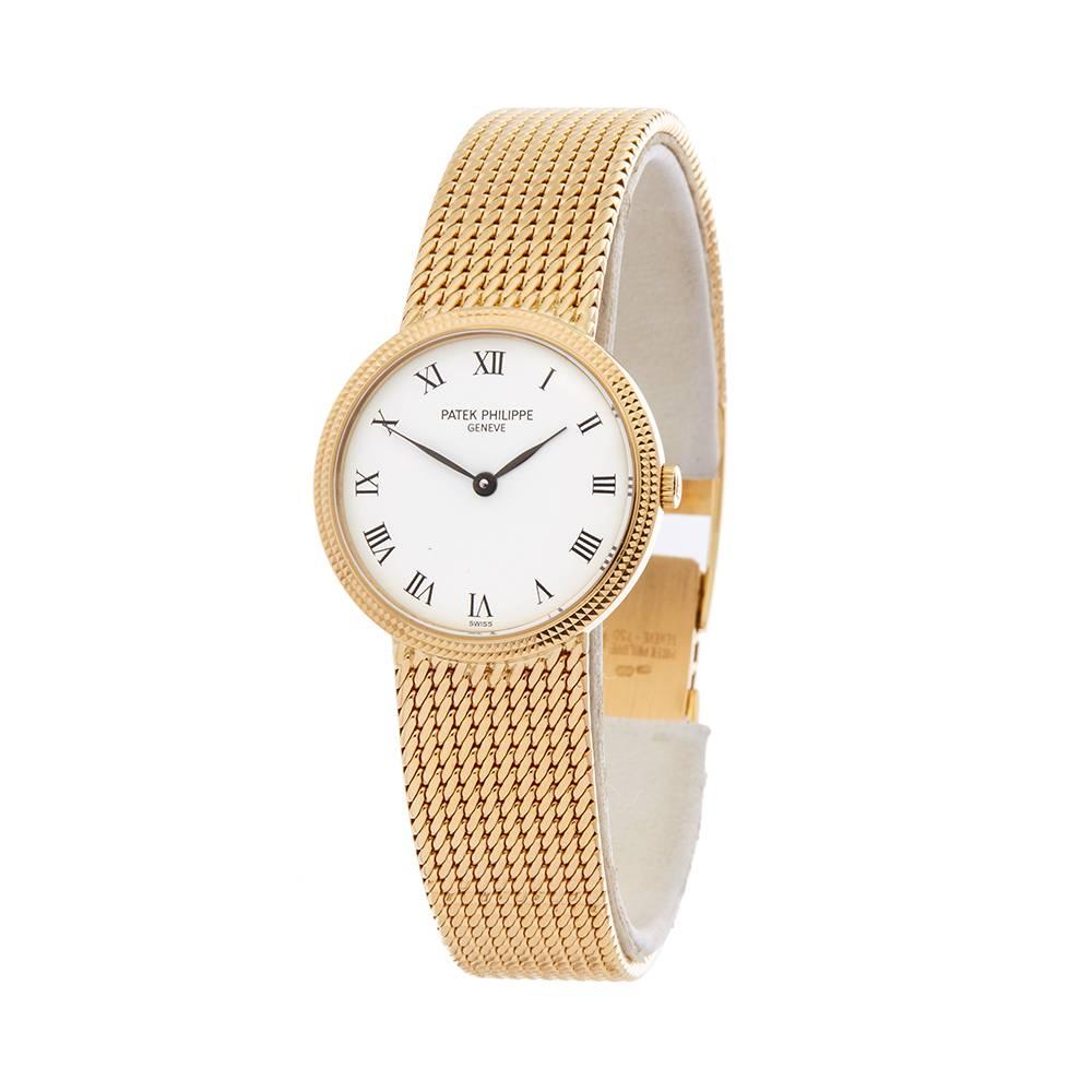 Ref: W4965
Manufacturer: Patek Philippe
Model: Calatrava
Model Ref: 4819
Age: 
Gender: Ladies
Complete With: Box Only
Dial: White Roman 
Glass: Sapphire Crystal
Movement: Quartz
Water Resistance: To Manufacturers Specifications
Case: 18k Yellow