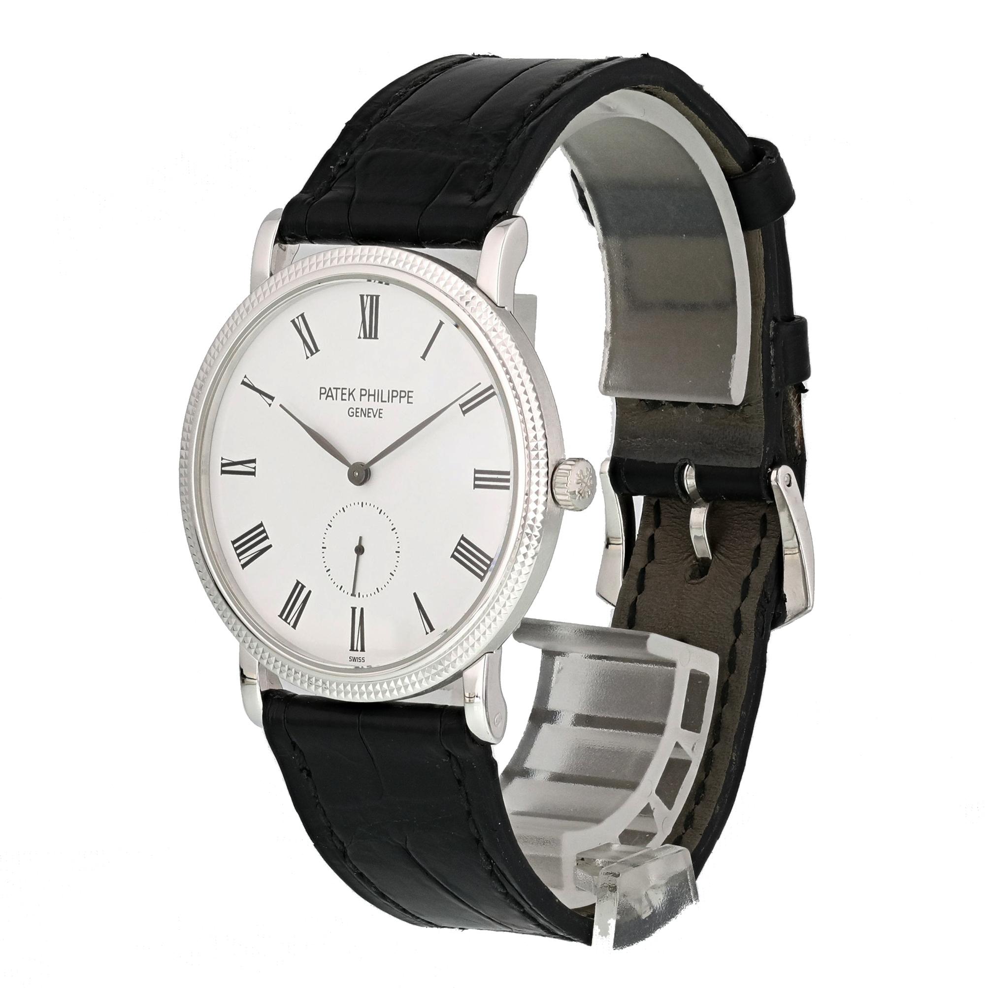 Patek Philippe Calatrava 5119G-001 White Gold Mens Watch.
36mm 18K White Gold case. 
White Gold None bezel. 
White dial with gold hands and roman numeral hour markers. 
Leather Alligator Strap with Buckle. 
Will fit up to a 7.50-inch wrist.