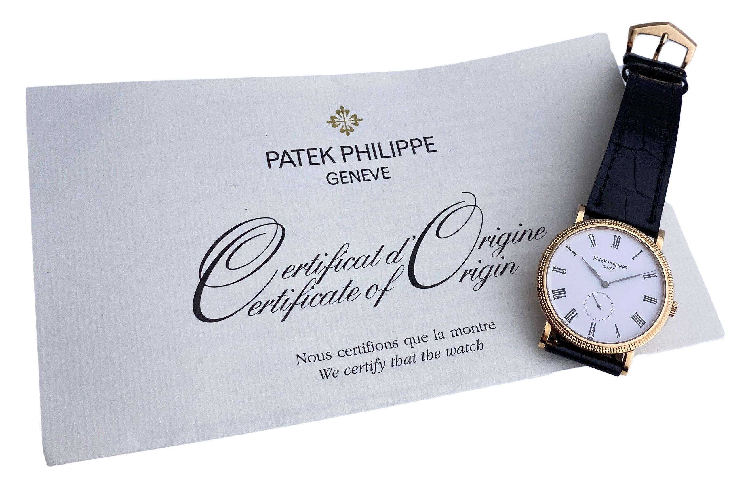 Patek Philippe Calatrava 5119R Mens Watch. 36mm 18K rose gold case with Hobnail patterned bezel. White dial with black steel hands and Roman numeral hour markers. Small second sub-dial. Black alligator leather strap with 18K rose gold buckle.Will
