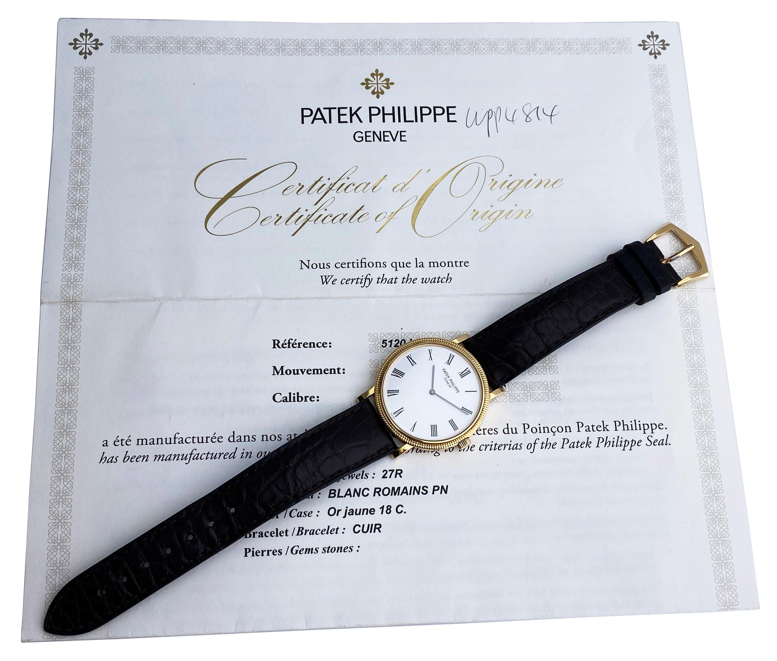 Patek Philippe Calatrava 5120J-001 Mens Watch. 35mm 18K yellow Gold case. 18K yellow gold stationary bezel. White dial with black steel hands and Roman numeral hour markers. Brown leather strap with yellow gold buckle. Will fit up to a 7-inch wrist.