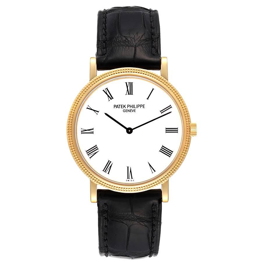 Patek Philippe Calatrava Automatic Yellow Gold Mens Watch 5120 Papers. Automatic self-winding movement. Rhodium-plated, fausses cotes decoration, straight-line lever escapement, Gyromax balance adjusted for heat, cold, isochronism and 5 positions,