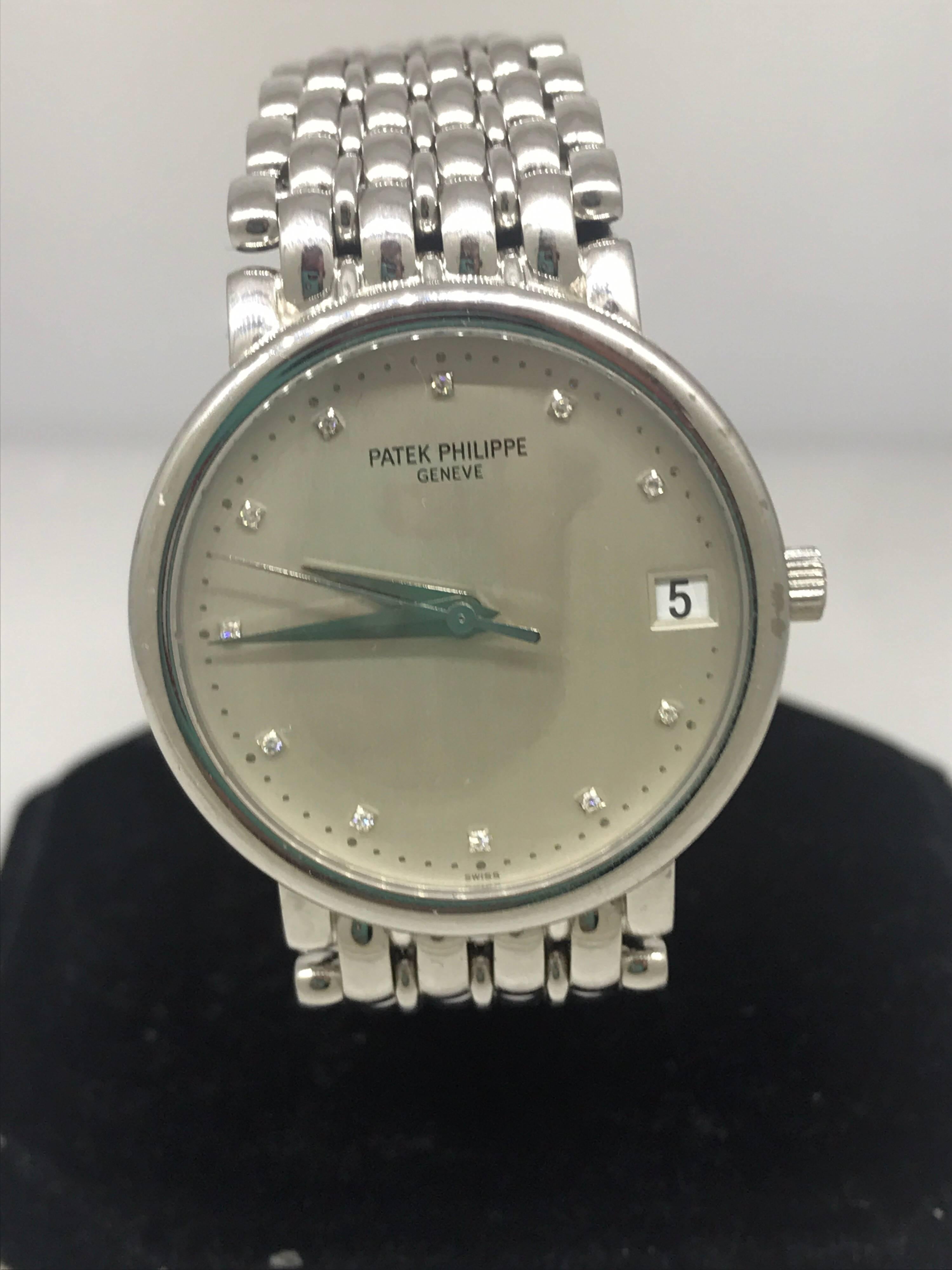 Patek Philippe Calatrava Men's Watch

Model Number: 3998/1G

100% Authentic

Pre-Owned in Excellent

Comes with a generic watch box

18 Karat White Gold Case & Bracelet

Scratch Resistant Sapphire Crystal

Silver Dial

Diamond Hour Markers

Case