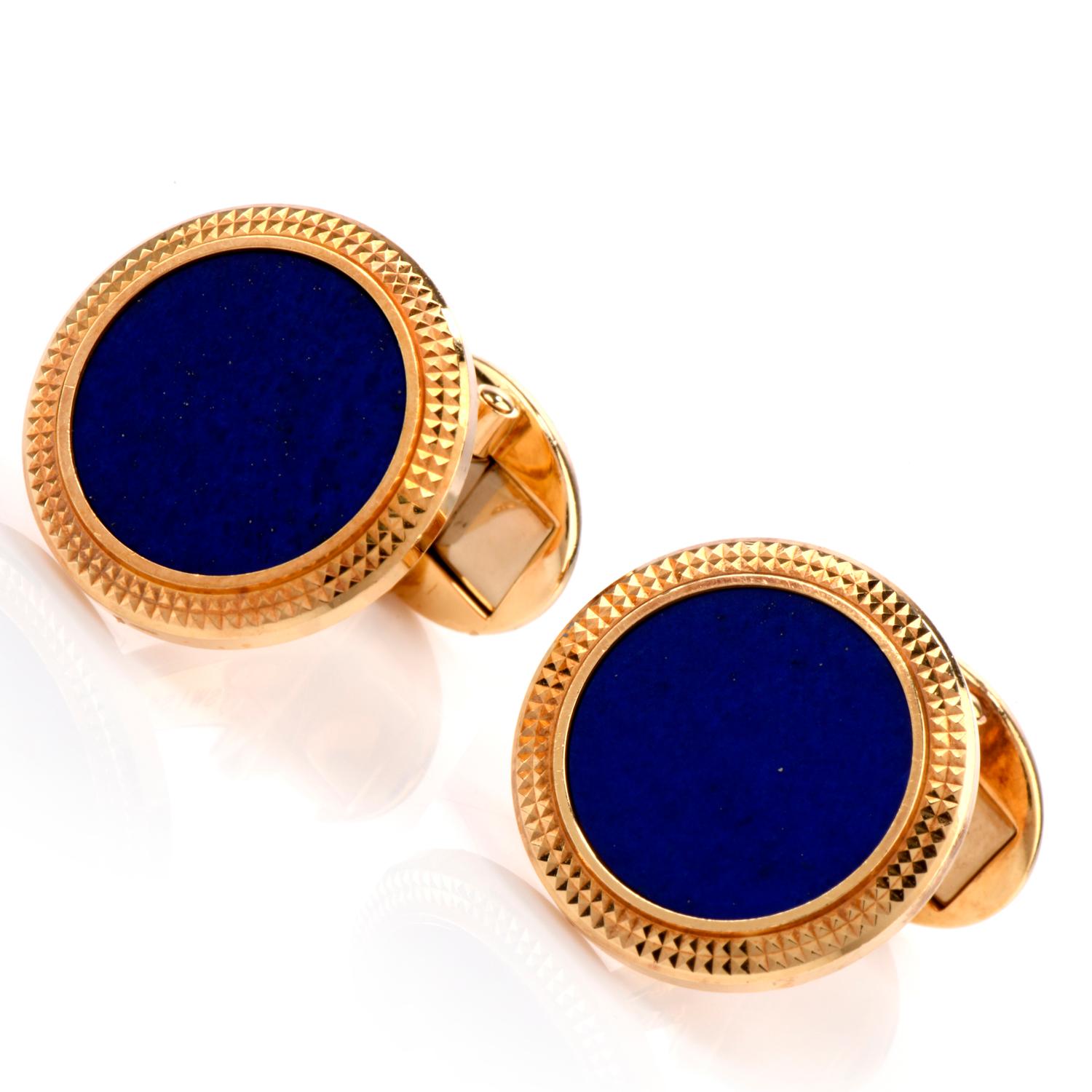 These circa 2000 Patek Philippe Calatrava cufflinks

feature a disc of Lapis Lazuli as a focal

point and crafted in 18K yellow gold.

These have a double hobnail bezel design.

Hallmarked and putiry marked.

Measure appx.. 18.04mm diameter.

Highy