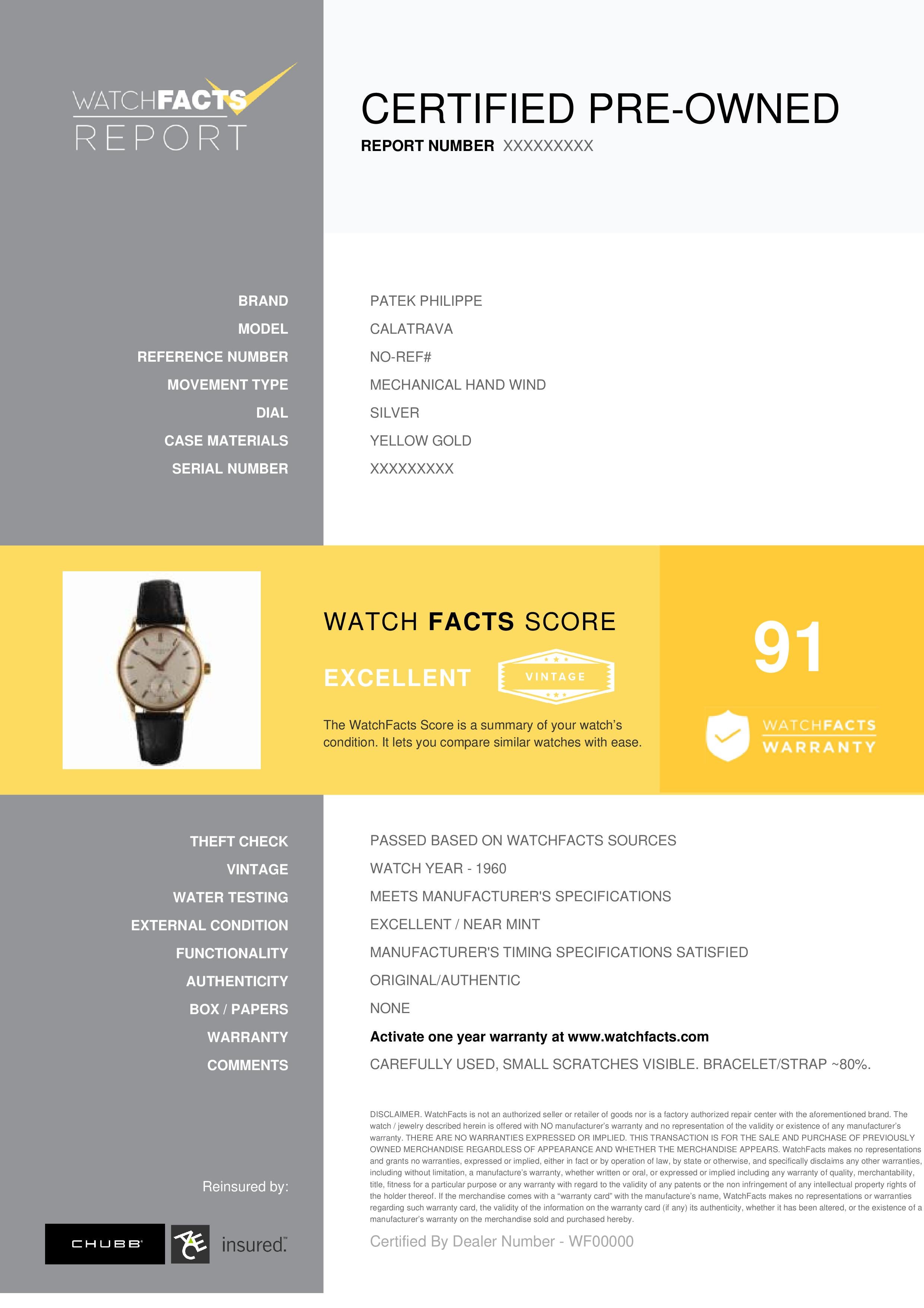 Patek Philippe Calatrava Reference #: No-ref#. Mens Mechanical Hand Wind Watch Yellow Gold Silver 0 MM. Verified and Certified by WatchFacts. 1 year warranty offered by WatchFacts.


