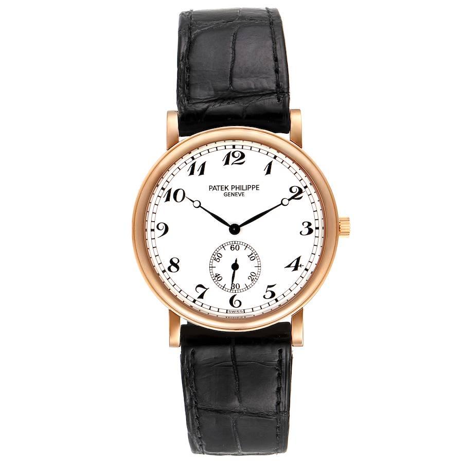 Patek Philippe Calatrava Officier 18K Rose Gold White Dial Mens Watch 5022. Manual winding movement. Rhodium-plated, fausses cotes decoration stamped with the Seal of Geneva quality mark, straight-line lever escapement, Gyromax balance adjusted to