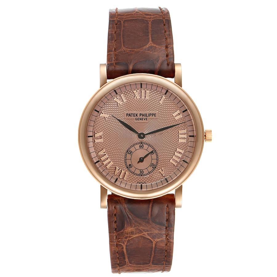 Patek Philippe Calatrava Officier Rose Gold Mens Watch 5022 Box Papers. Manual winding movement. Rhodium-plated, fausses cotes decoration stamped with the Seal of Geneva quality mark, straight-line lever escapement, Gyromax balance adjusted to heat,