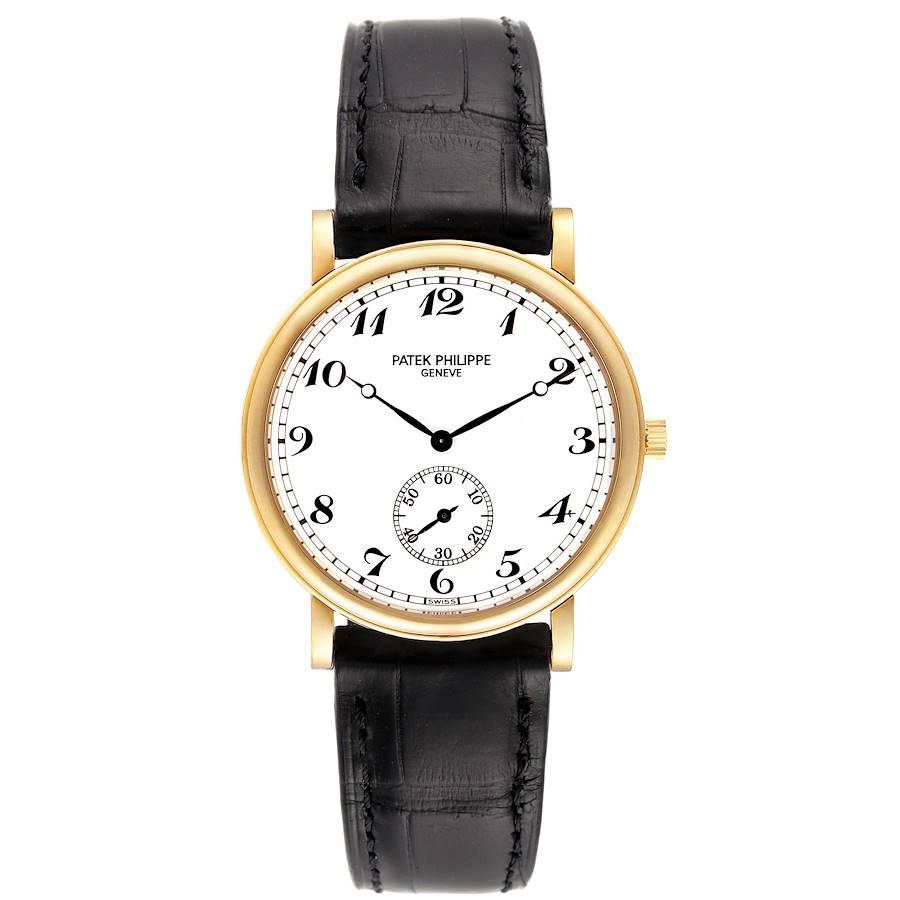 Patek Philippe Calatrava Officier Yellow Gold Mens Watch 5022. Manual winding movement. Rhodium-plated, fausses cotes decoration stamped with the Seal of Geneva quality mark, straight-line lever escapement, Gyromax balance adjusted to heat, cold,