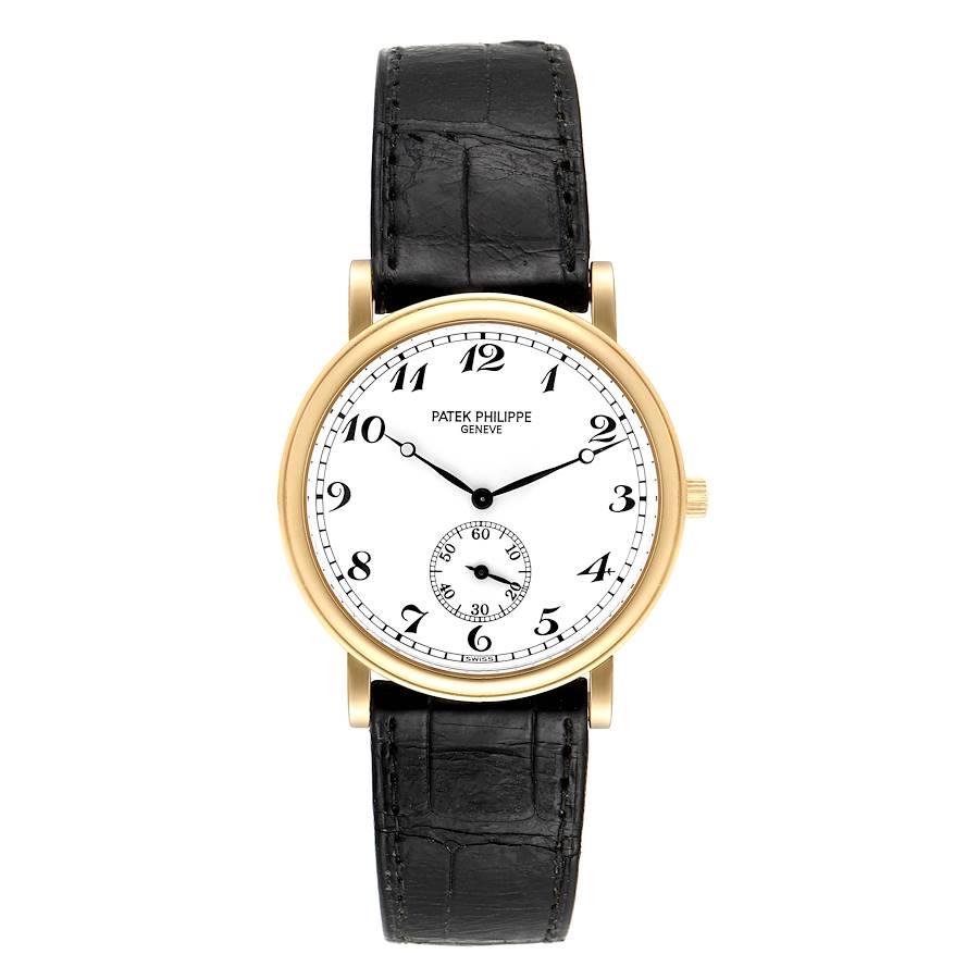 Patek Philippe Calatrava Officier Yellow Gold Mens Watch 5022. Manual winding movement. Rhodium-plated, fausses cotes decoration stamped with the Seal of Geneva quality mark, straight-line lever escapement, Gyromax balance adjusted to heat, cold,