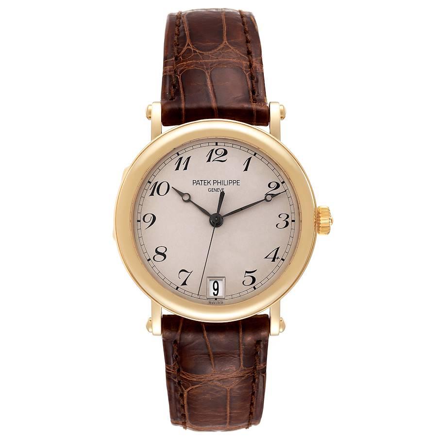Patek Philippe Calatrava Officier Yellow Gold Mens Watch 5053 Box Papers. Automatic movement. Caliber 315/202, stamped with the Seal of Geneva quality mark, rhodium-plated, fausses cotes decoration, 30 jewels, straightline lever escapement, Gyromax