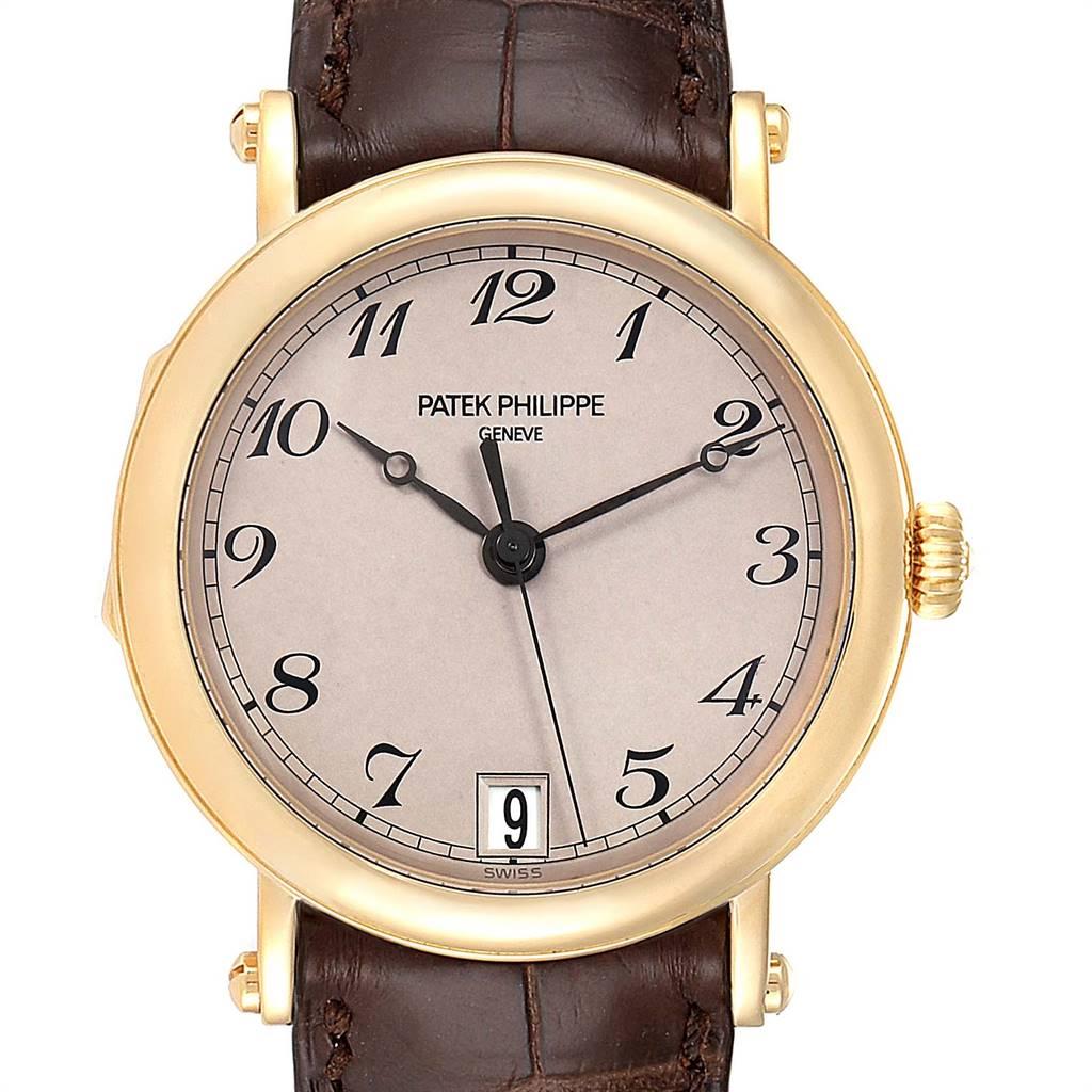 Patek Philippe Calatrava Officier Yellow Gold Mens Watch 5053 Papers. Automatic movement. Caliber 315/202, stamped with the Seal of Geneva quality mark, rhodium-plated, fausses cotes decoration, 30 jewels, straightline lever escapement, Gyromax