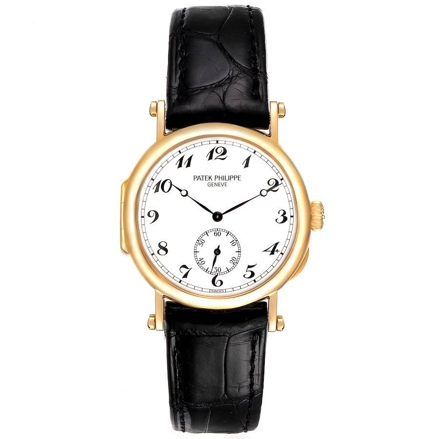 Patek Philippe Calatrava Officier Yellow Gold White Dial Mens Watch 3960. Manual winding movement. Rhodium-plated, fausses cotes decoration stamped with the Seal of Geneva quality mark, straight-line lever escapement, Gyromax balance adjusted to