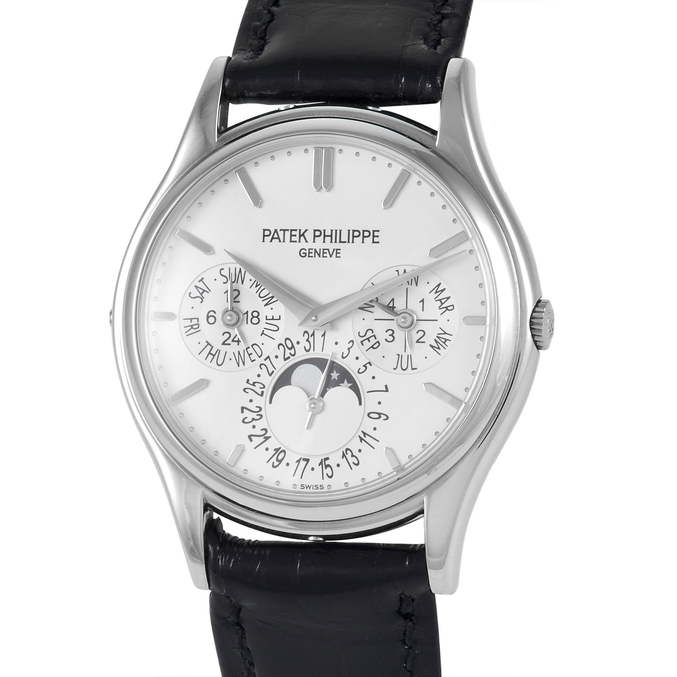 An attractive timepiece with a clever design, the Patek Philippe Calatrava Perpetual  5140G-001 is guaranteed to catch eyes. The watch has a 37.2 mm case fashioned in 18-carat white gold. It has a sapphire front protecting a silver dial with three