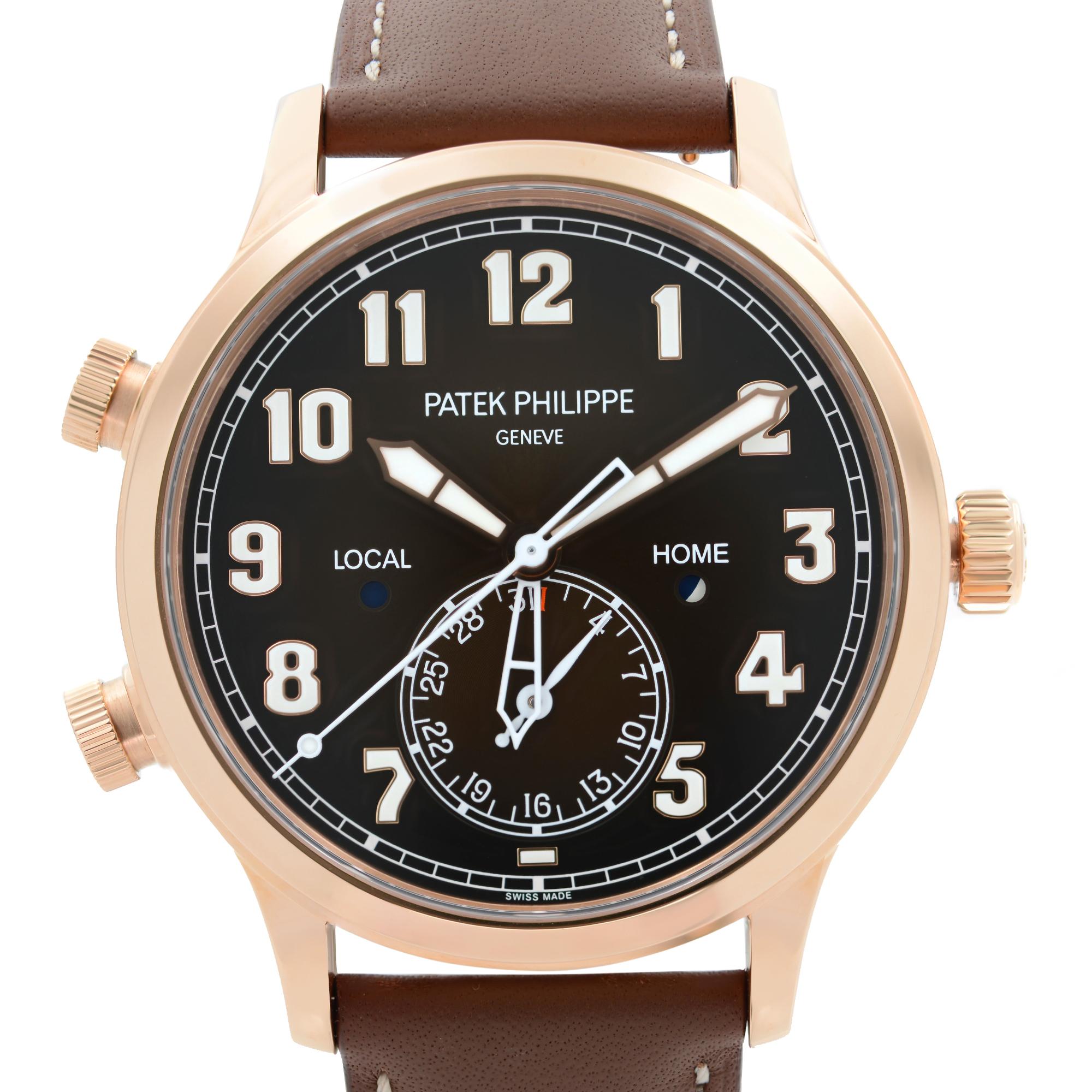 Unworn Patek Philippe Calatrava Pilot Travel Time 18k Rose Gold Mens Watch 5524R-001. Comes with a 2021 Patek Philippe Certificate. This Beautiful Timepiece Features: 18t Rose Gold Case with a Brown (Calfskin) Leather Strap, Fixed 18k Rose Gold