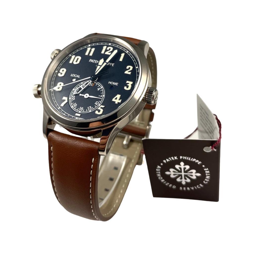 ITEM SPECIFICATIONS:

Brand: Patek Philippe

Model Name: Calatrava Pilot Travel Time

Model Number: 5524G-001

Movement: Automatic

Case Shape: Round

Case Size: 42 mm

Dial: Blue

Bezel: White Gold

Crystal: Sapphire Crystal

Bracelet Material: