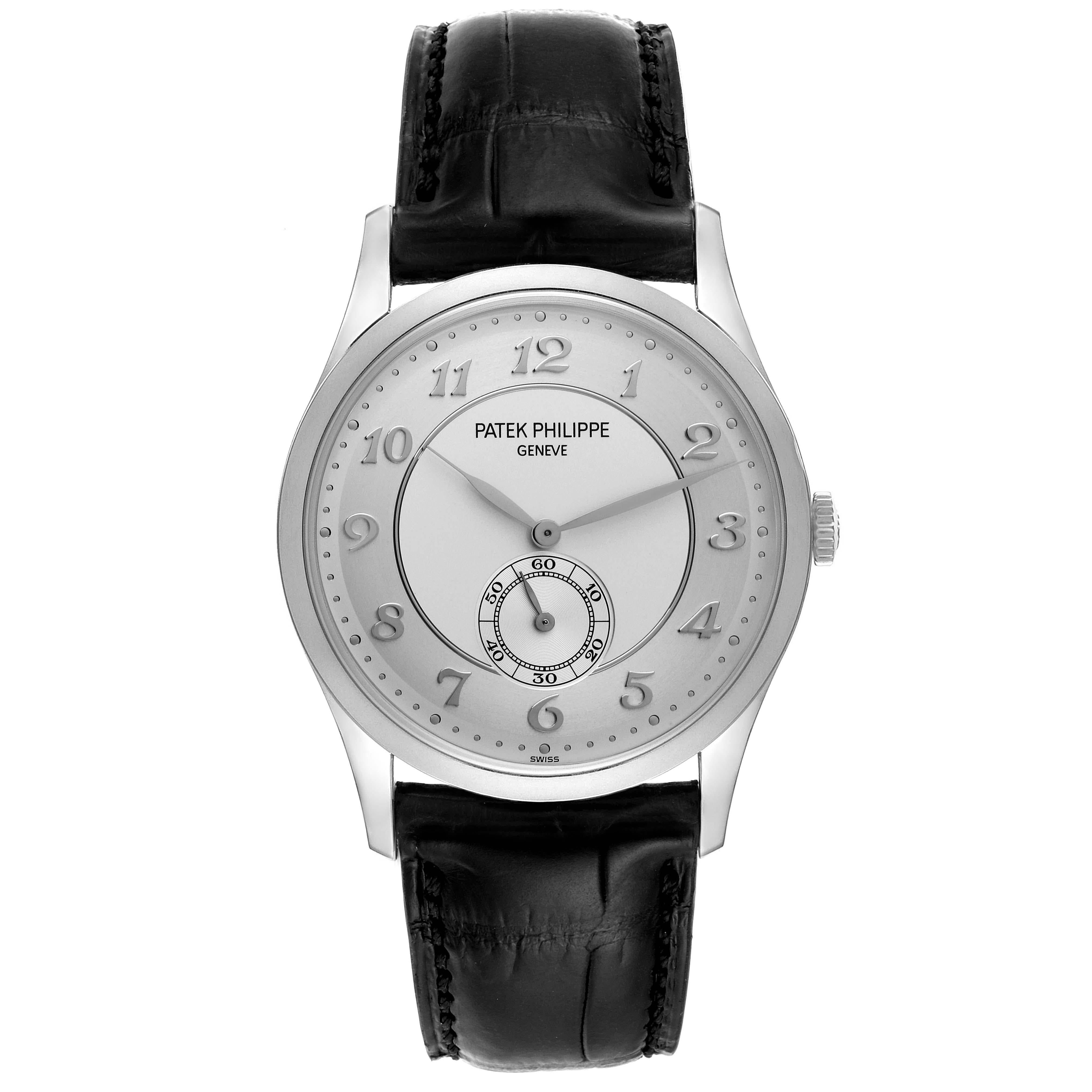 Patek Philippe Calatrava Platinum Mechanical Silver Dial Mens Watch 5196. Manual-winding movement. Rhodium-plated, fausses cotes decoration, straight-line lever escapement, Gyromax balance adjusted to heat, cold, isochronism and 5 positions, shock