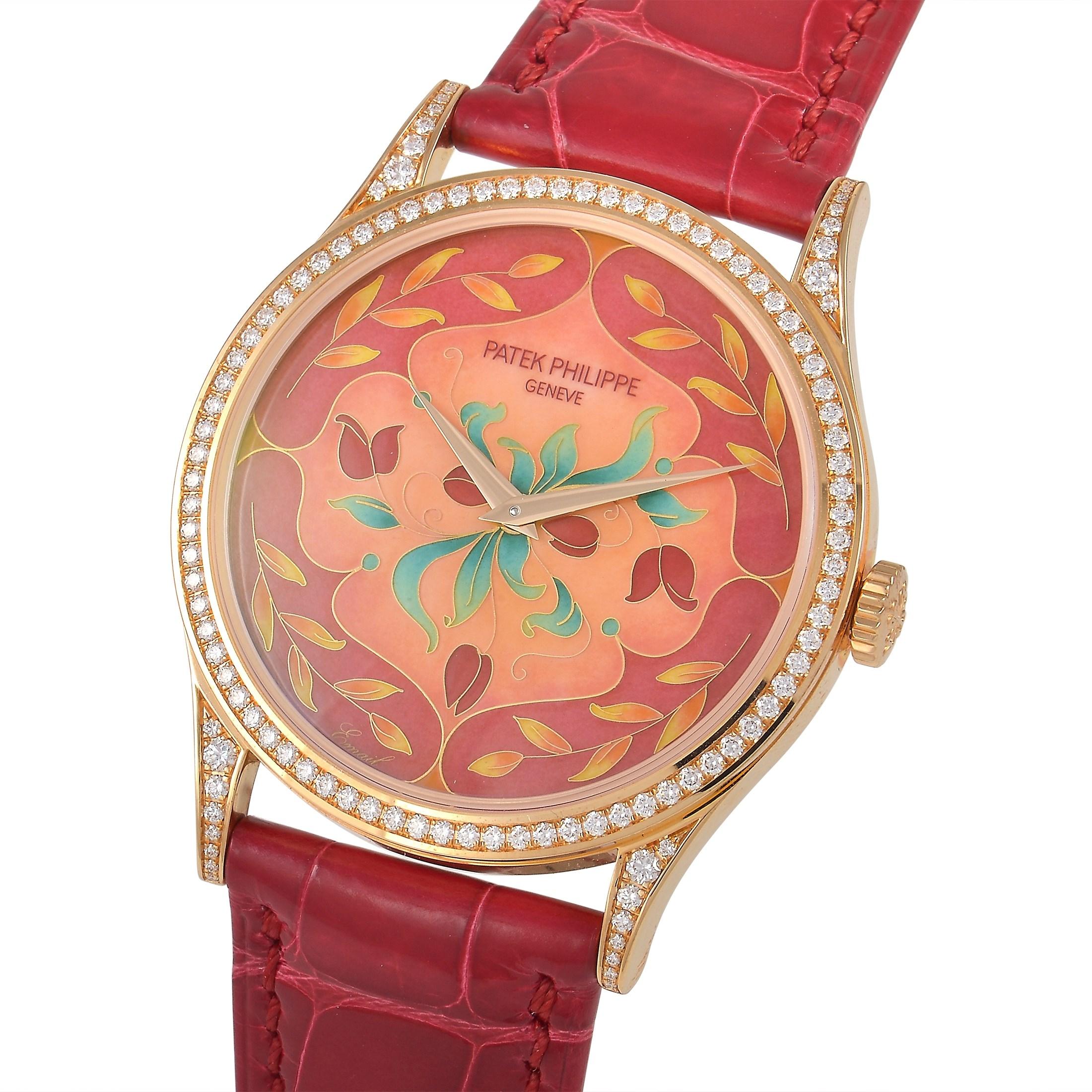 The Patek Philippe Calatrava Watch, reference number 5077/100R-041, is a contemporary work of art.

An accessory that blurs the line between ornamental jewelry and a functional timepiece, this watch features an opulent 37mm case crafted from opulent