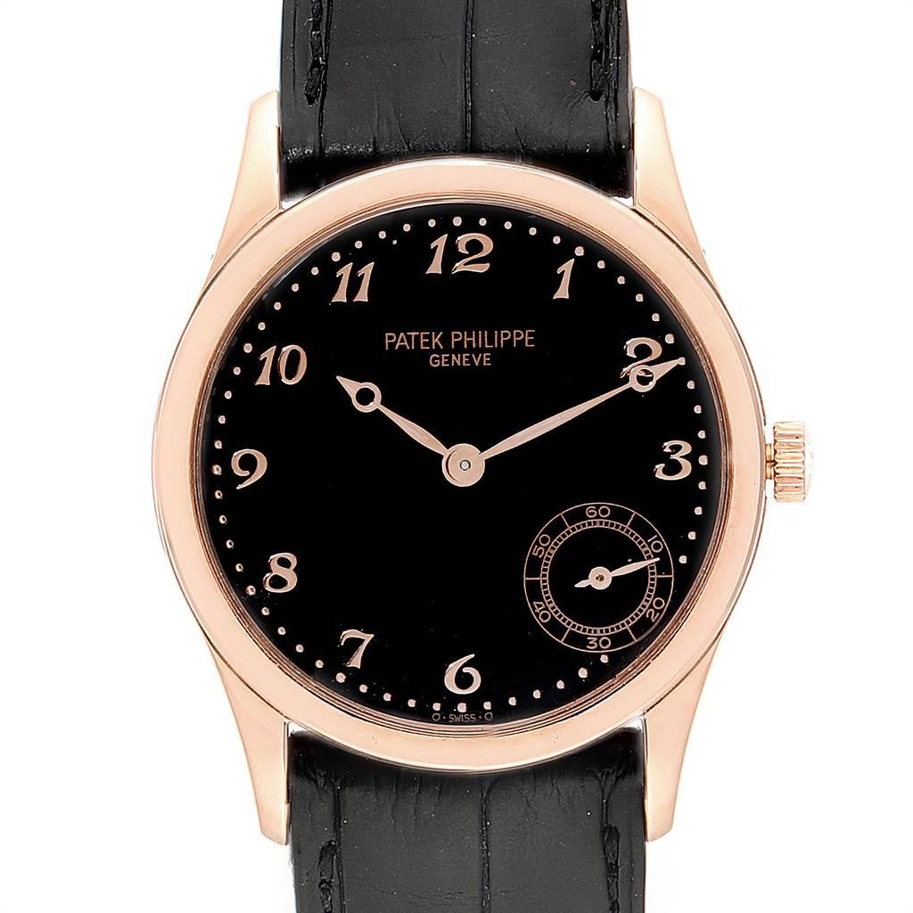 Patek Philippe Calatrava Rose Gold Black Dial Automatic Watch 5026R. Automatic self-winding movement. Caliber 240 PS, stamped with the Seal of Geneva quality mark, rhodium-plated, fausses cotes decoration, 27 jewels, straight line lever escapement,