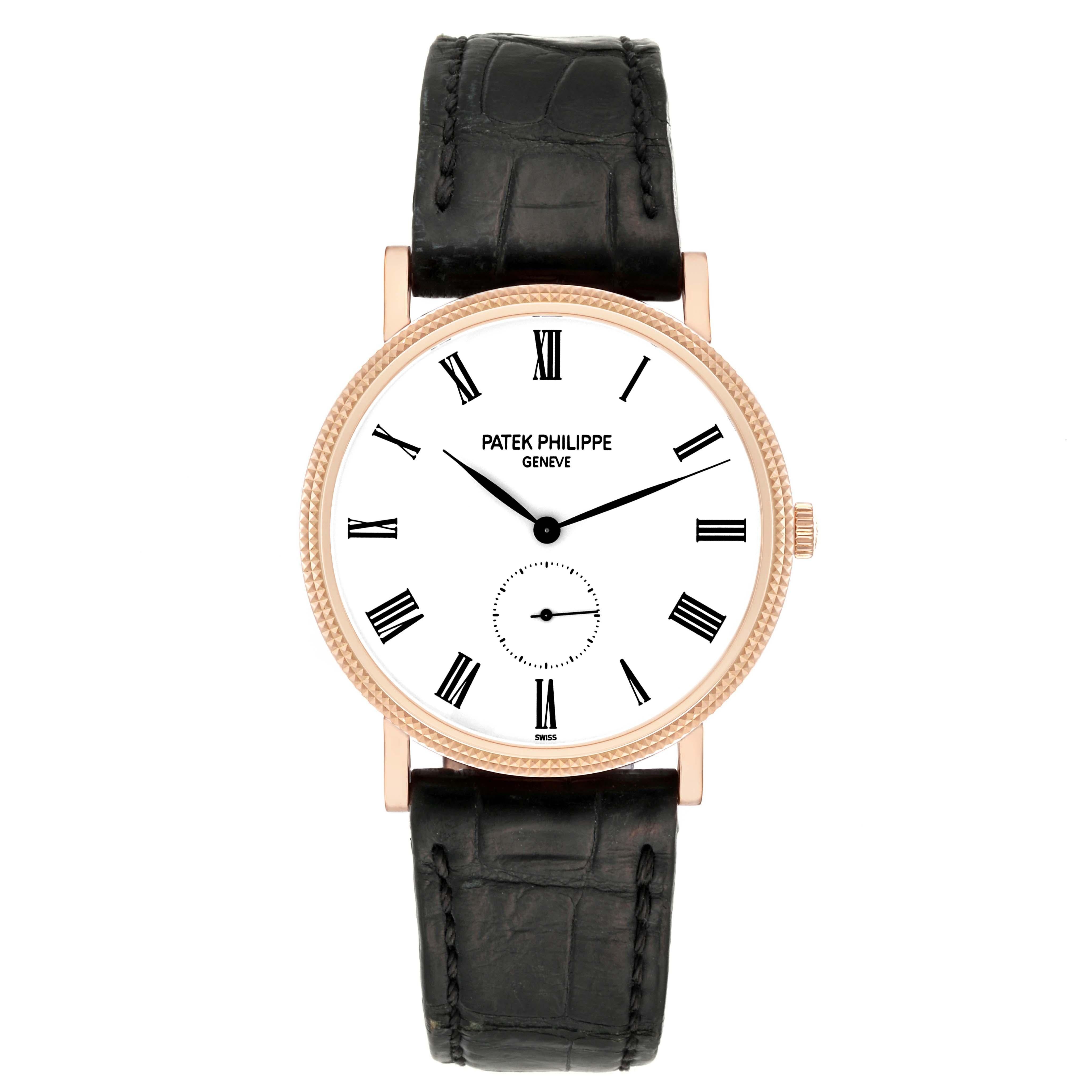 Reloj Patek Philippe Calatrava de oro rosa y correa negra para caballero 5119. Movimiento de cuerda manual. Caja de oro rosa de 18 quilates de 36,0 mm de diámetro. Grosor de la caja -- 6,5 mm. Fondo de cristal de zafiro transparente de exposición.