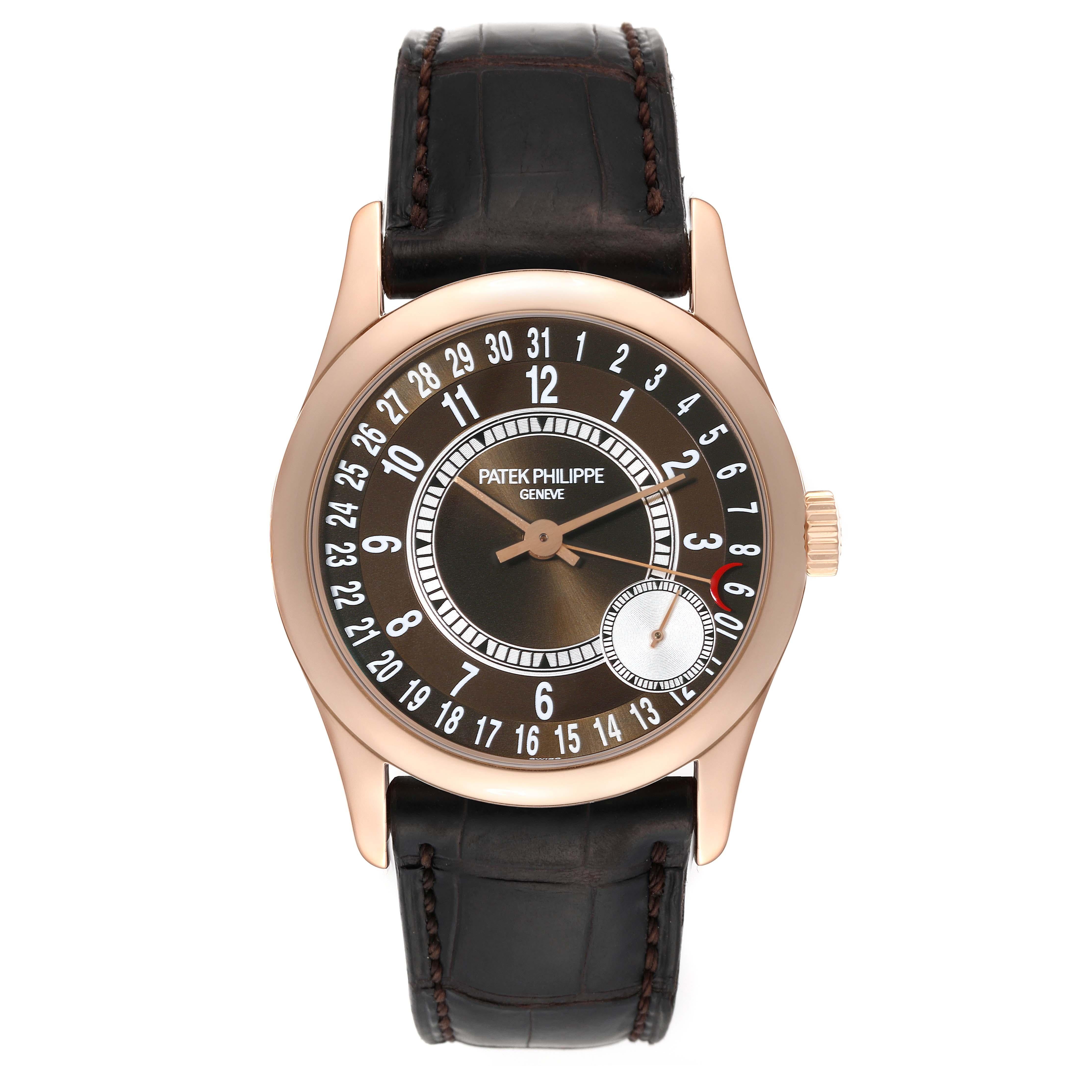Patek Philippe Calatrava Rose Gold Brown Dial Mens Watch 6000 Papers. Automatic self-winding movement with gold micro-rotor, adjusted to heat, cold, isochronism and 5 positions, Seal of Geneva. 18k rose gold case 37.0 mm in diameter. Transparent
