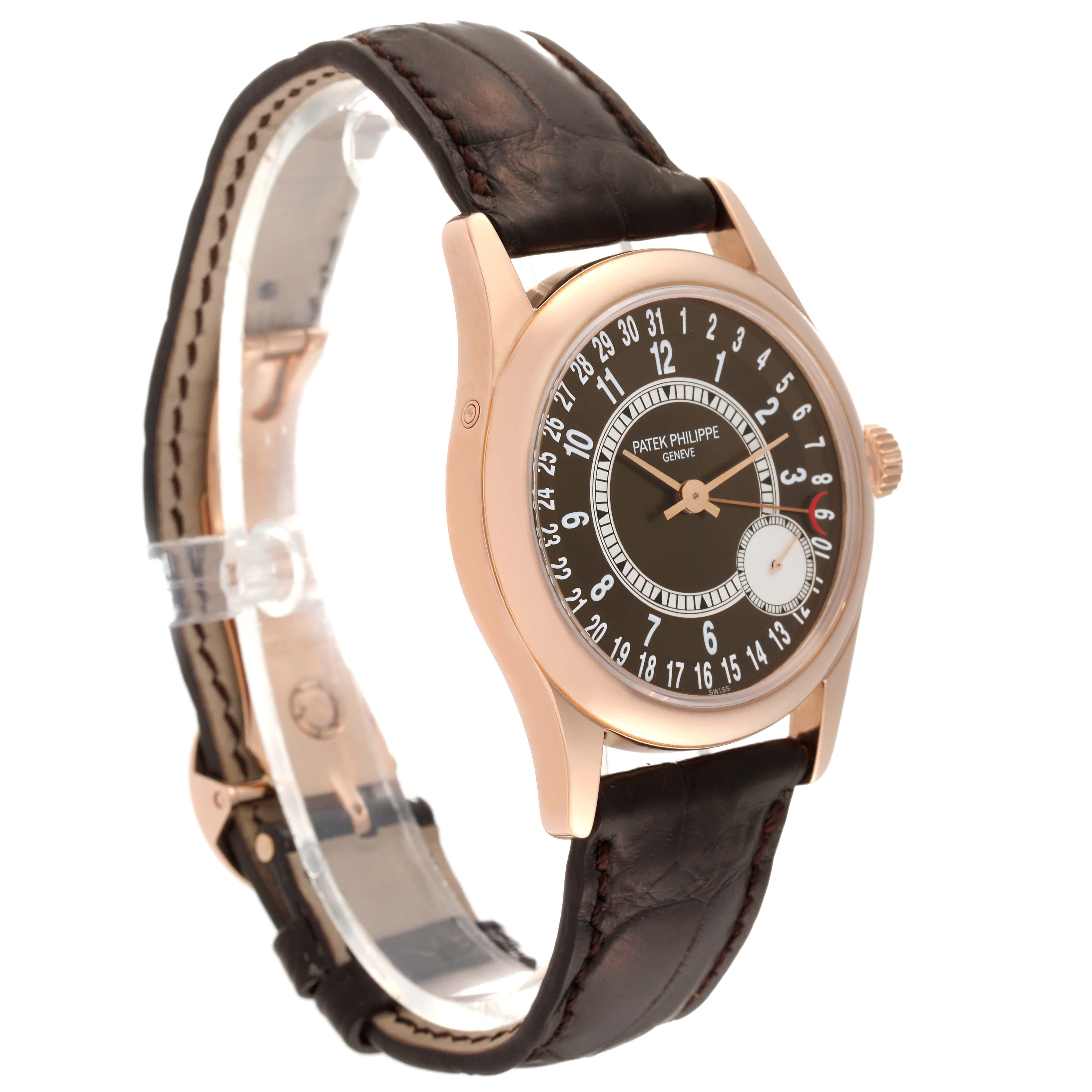 Patek Philippe Calatrava Rose Gold Brown Dial Mens Watch 6000R Box Papers. Automatic self-winding movement with gold micro-rotor, adjusted to heat, cold, isochronism and 5 positions, Seal of Geneva. 18k rose gold case 37.0 mm in diameter.