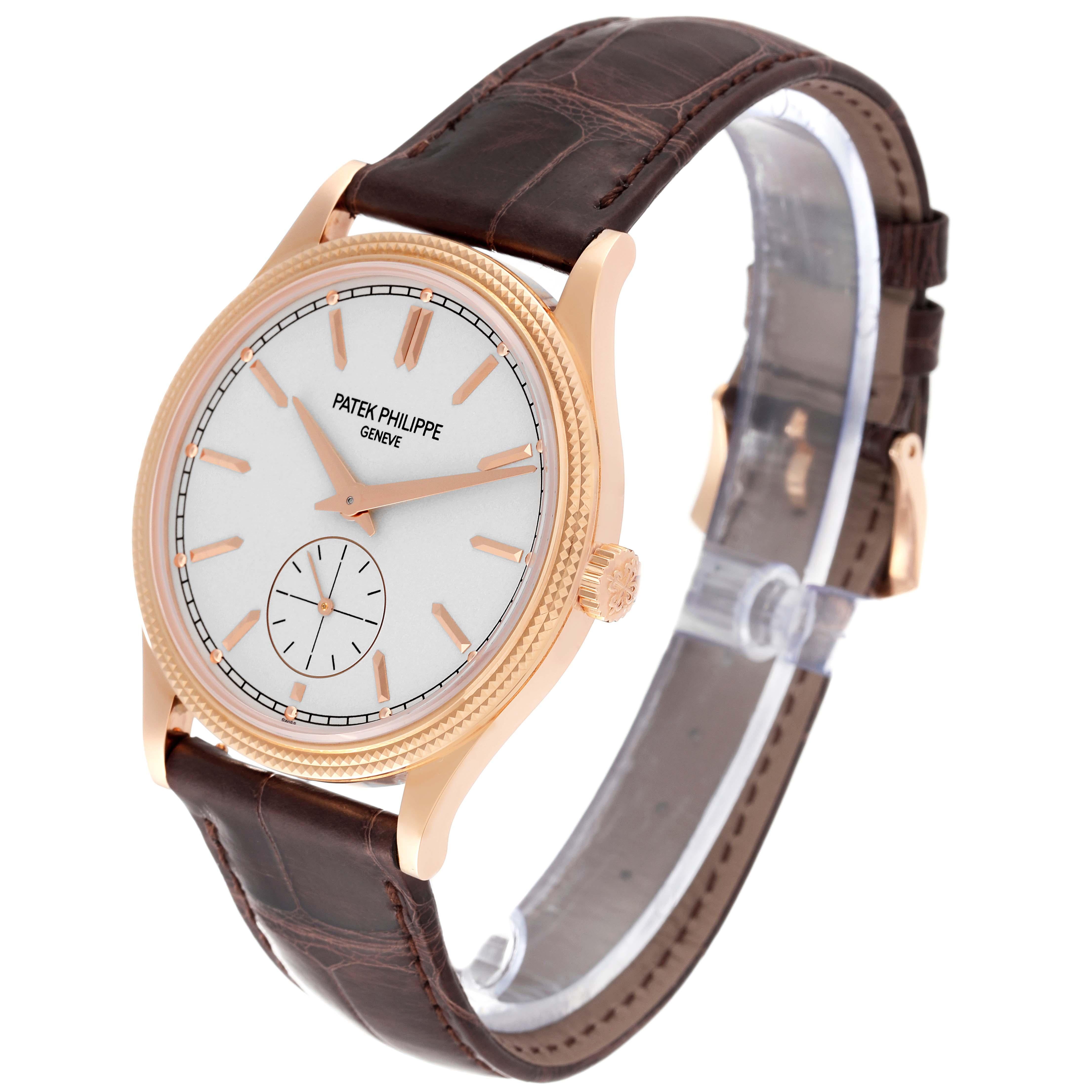 Patek Philippe Calatrava Rose Gold Brown Strap Mens Watch 6119 Box Papers. Manual winding movement. 18k rose gold case 39.0 mm in diameter. Case thickness -- 8.08 mm. Transparent exhibition sapphire crystal caseback. 18k rose gold bezel guilloched