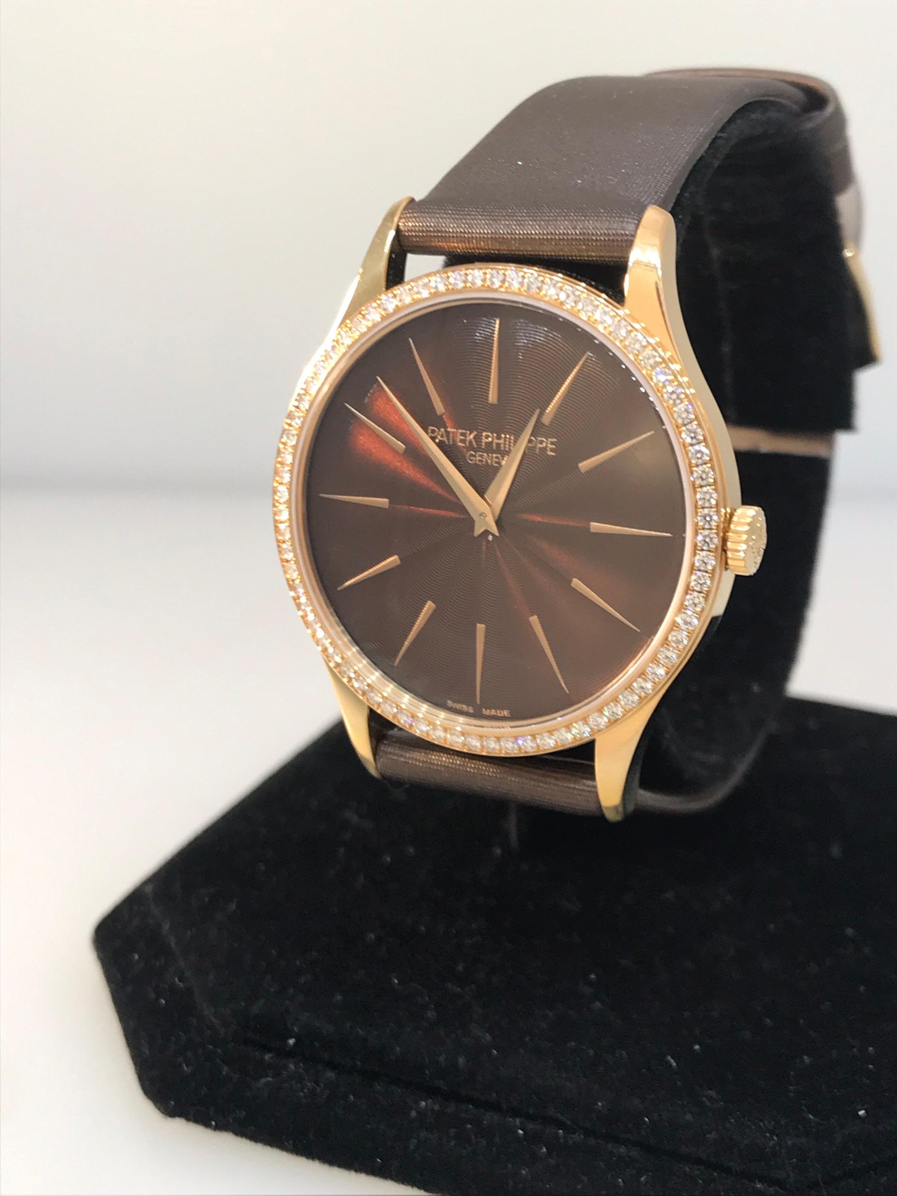 Patek Philippe Calatrava Rose Gold Diamond Bezel Brown Dial Ladies Watch 4897R In New Condition For Sale In New York, NY