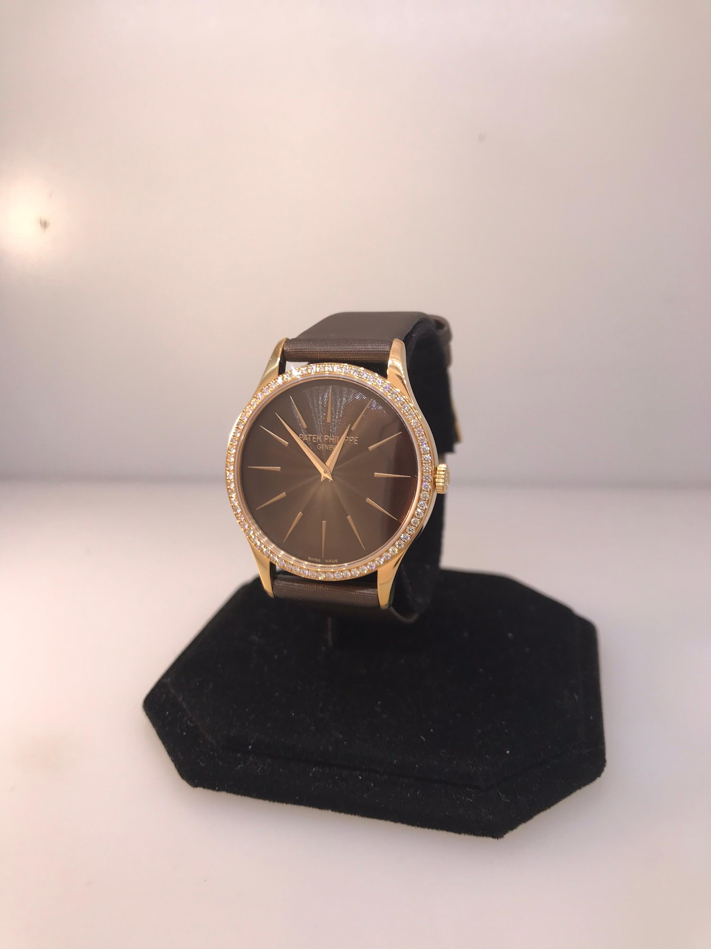 Women's Patek Philippe Calatrava Rose Gold Diamond Bezel Brown Dial Ladies Watch 4897R For Sale