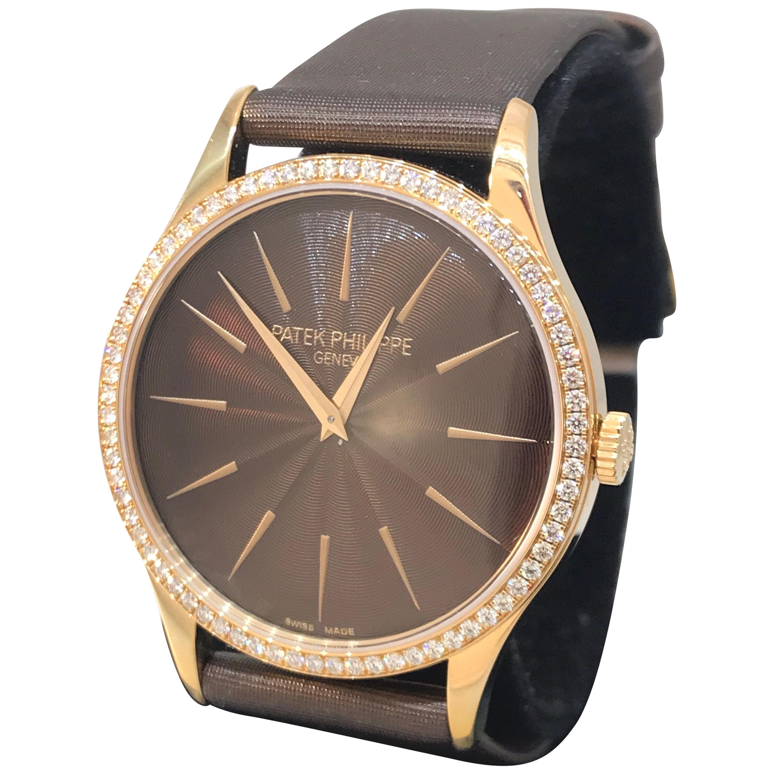 Patek Philippe Calatrava Rose Gold Diamond Bezel Brown Dial Ladies Watch 4897R For Sale