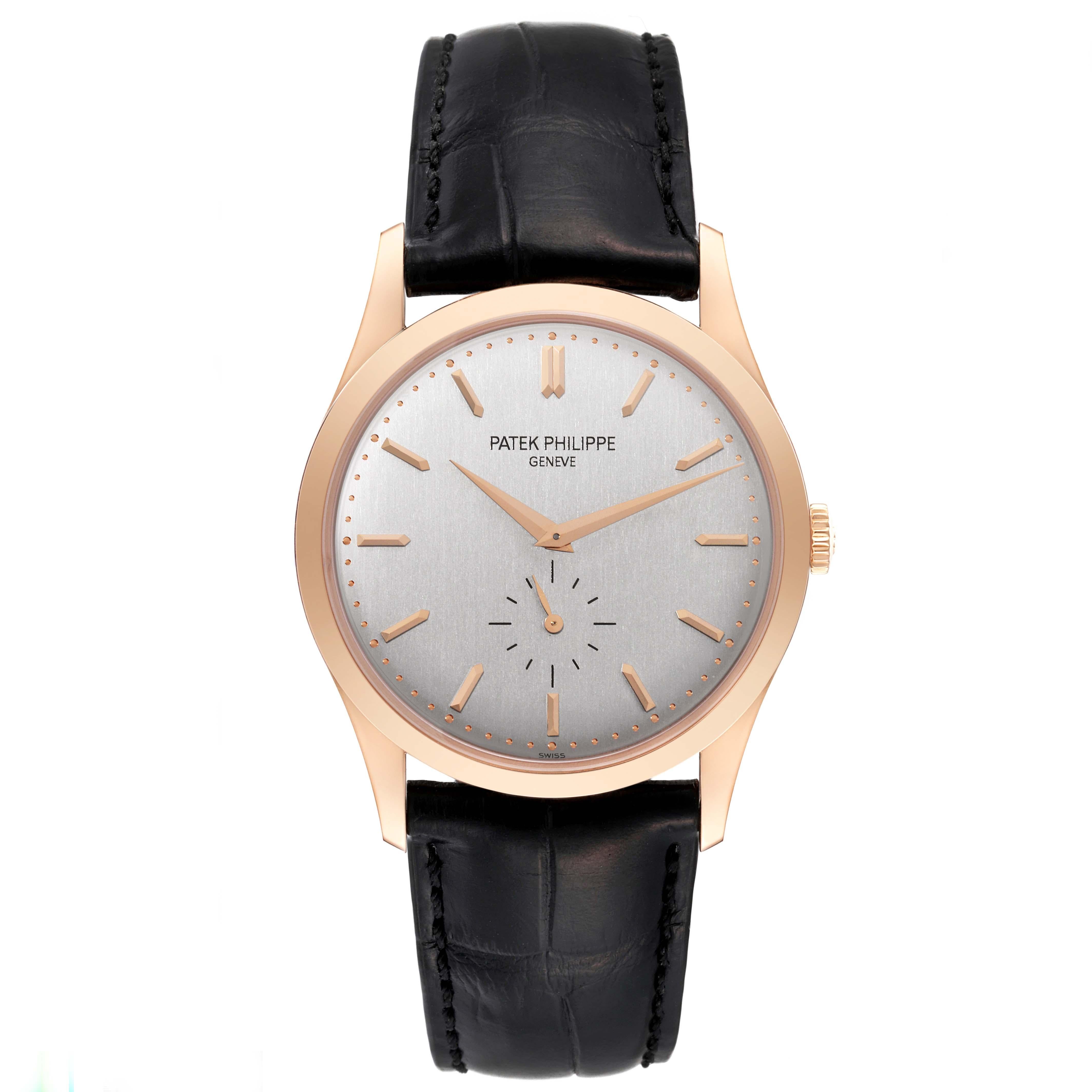 Patek Philippe Calatrava Rose Gold Silver Dial Mens Watch 5196. Manual-winding movement. Rhodium-plated, fausses cotes decoration, straight-line lever escapement, Gyromax balance adjusted to heat, cold, isochronism and 5 positions, shock absorber,
