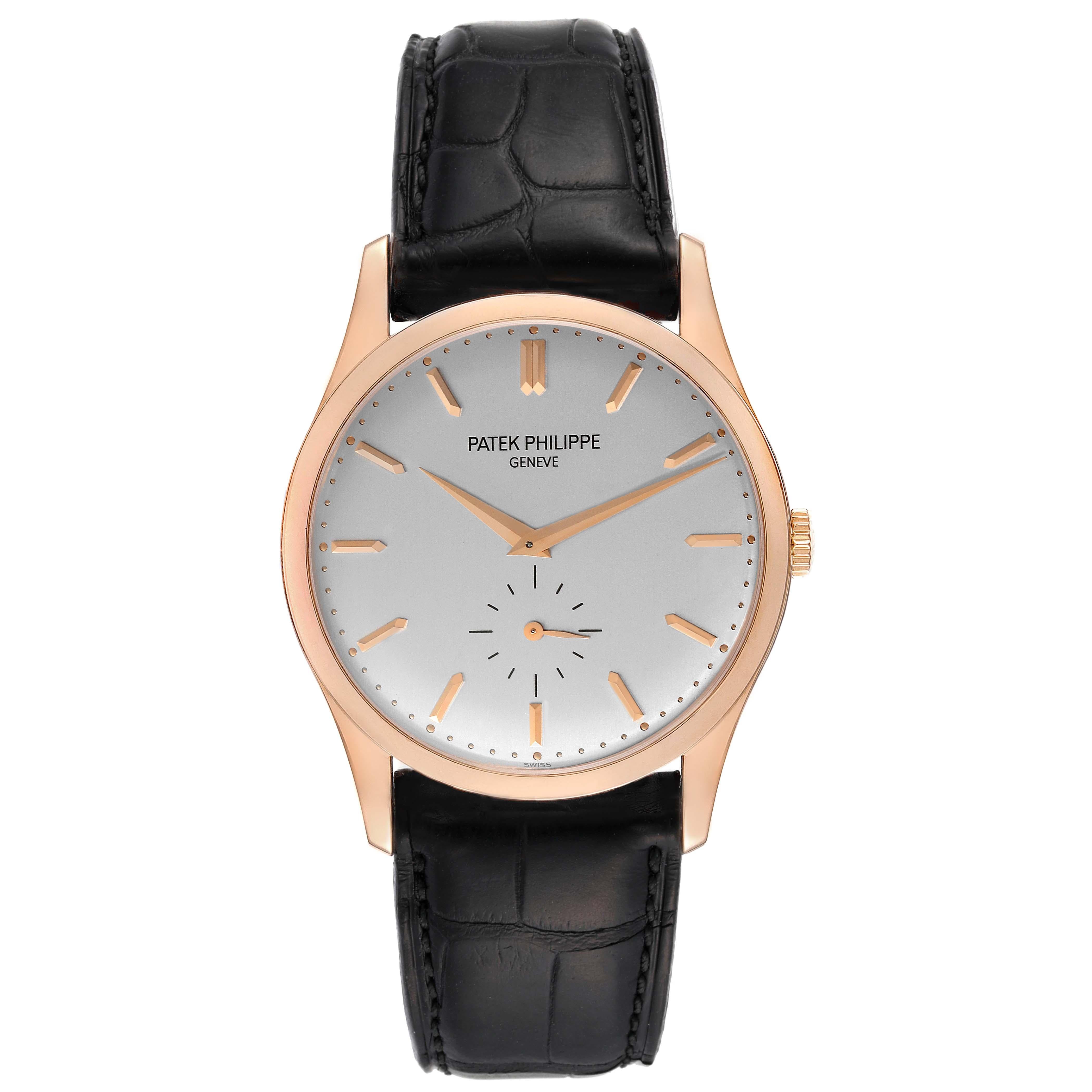 Patek Philippe Calatrava Rose Gold Silver Dial Mens Watch 5196. Manual-winding movement. Rhodium-plated, fausses cotes decoration, straight-line lever escapement, Gyromax balance adjusted to heat, cold, isochronism and 5 positions, shock absorber,