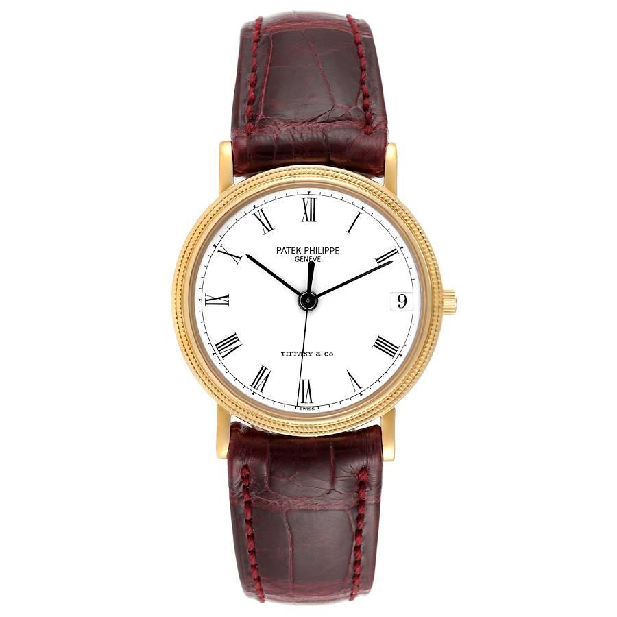 Patek Philippe Calatrava Tiffany Yellow Gold Automatic Mens Watch 3802. Automatic self-winding movement. Rhodium-plated, fausses cotes decoration jewels, straight line lever escapement, monometallic balance adjusted to heat, cold, isochronism and to