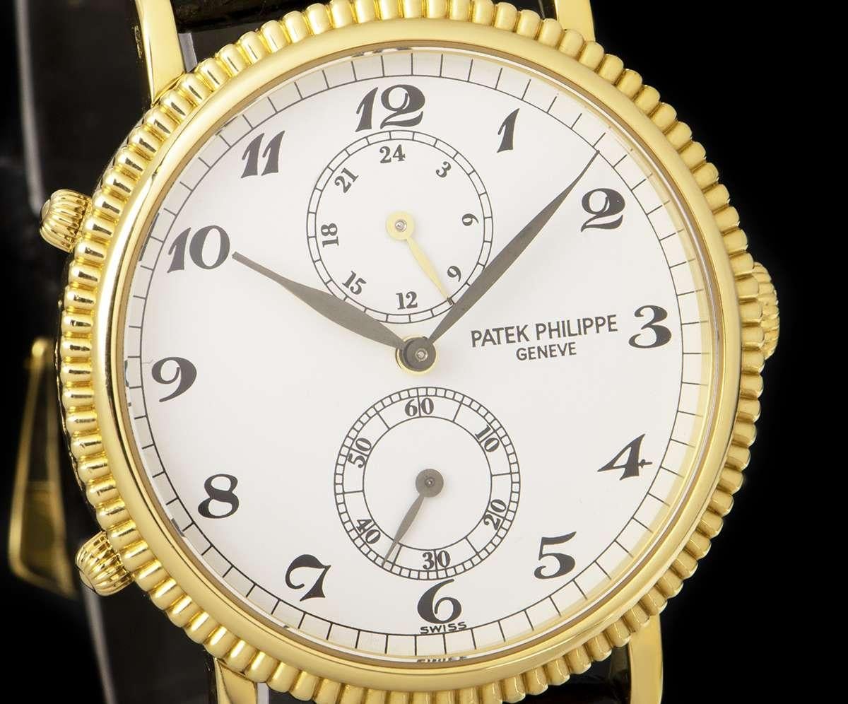 Men's Patek Philippe Calatrava Travel Time 18k Yellow Gold White Dial B&P