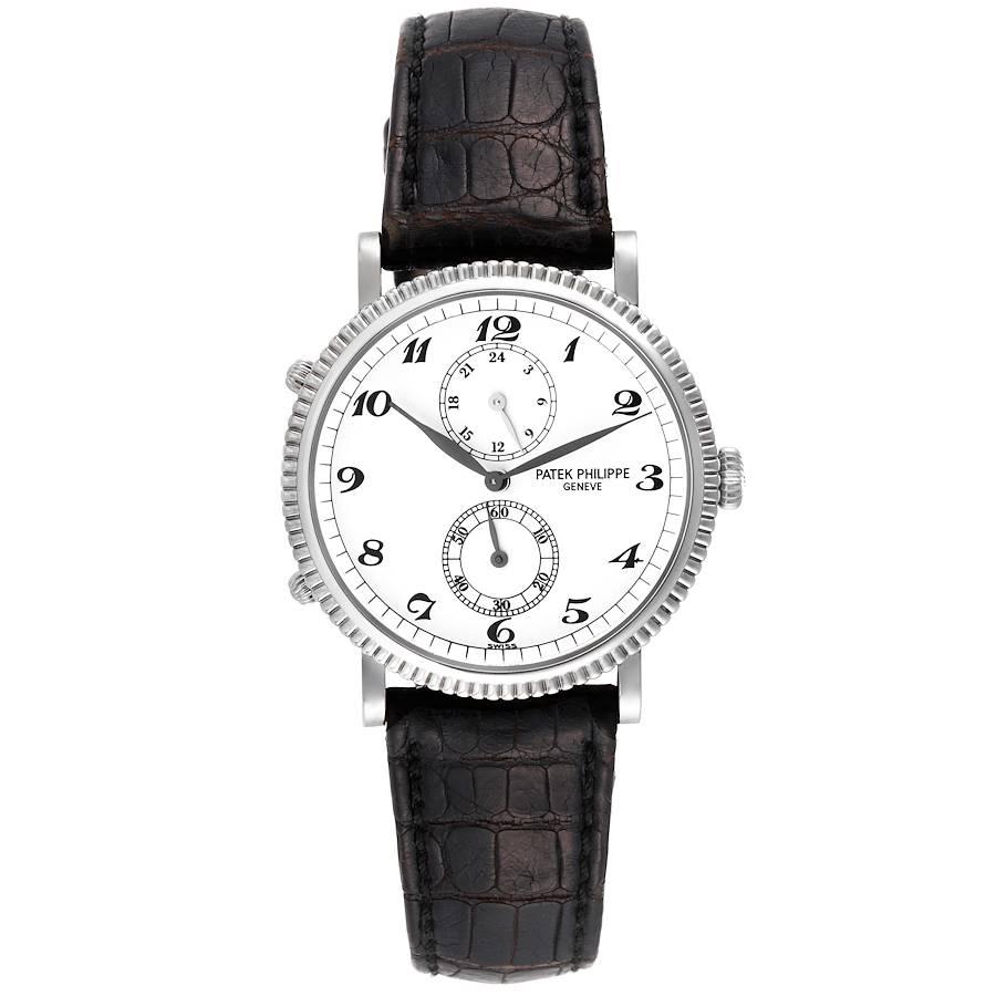 Patek Philippe Calatrava Travel Time White Gold Mens Watch 5034 Box Papers. Manual winding movement. Stamped with the Seal of Geneva Quality Mark, rhodium-plated, fausses cotes decoration, straight-line lever escapement, Glucydur Gyromax balance