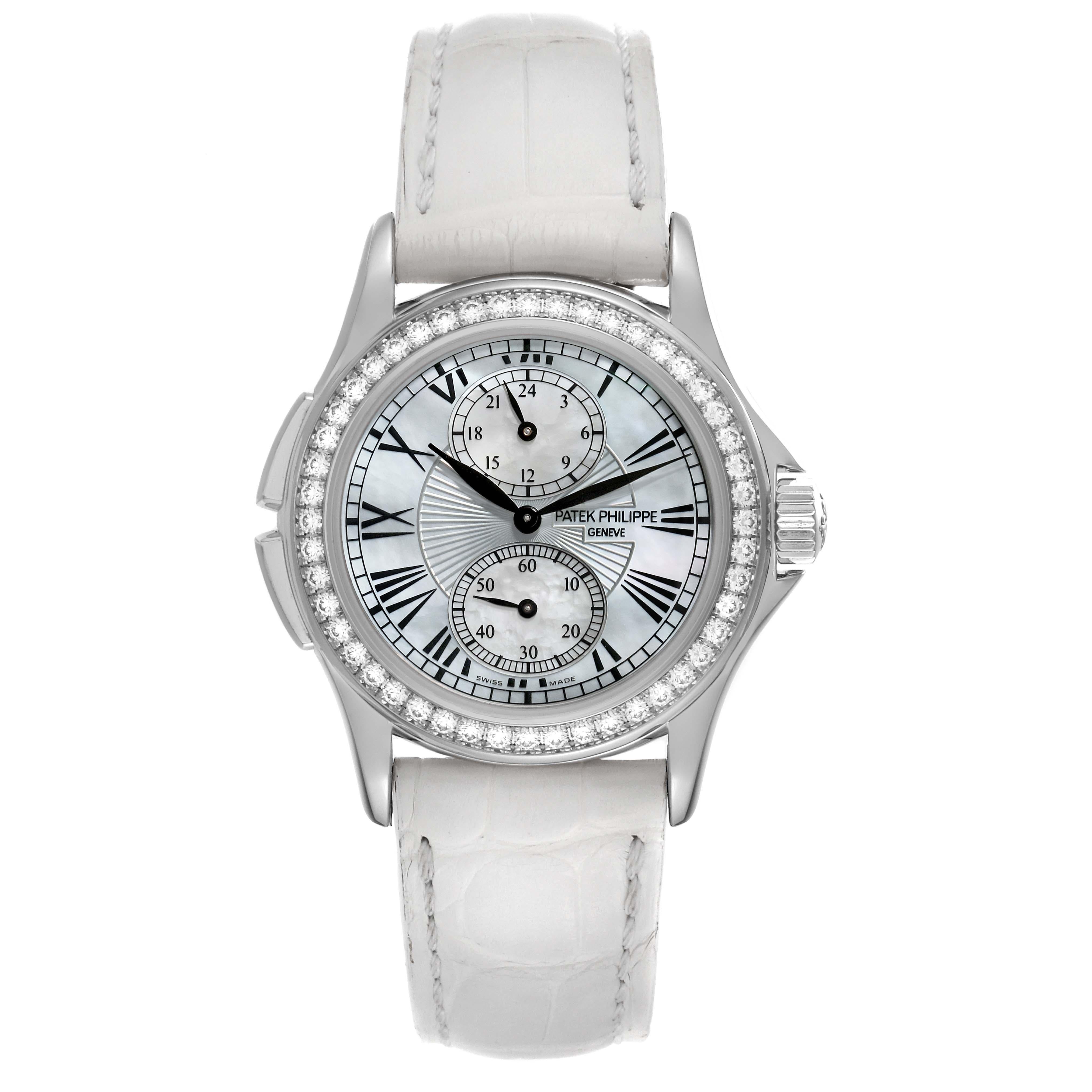 Patek Philippe Calatrava Travel Time White Gold Mother of Pearl Diamond Watch For Sale 1