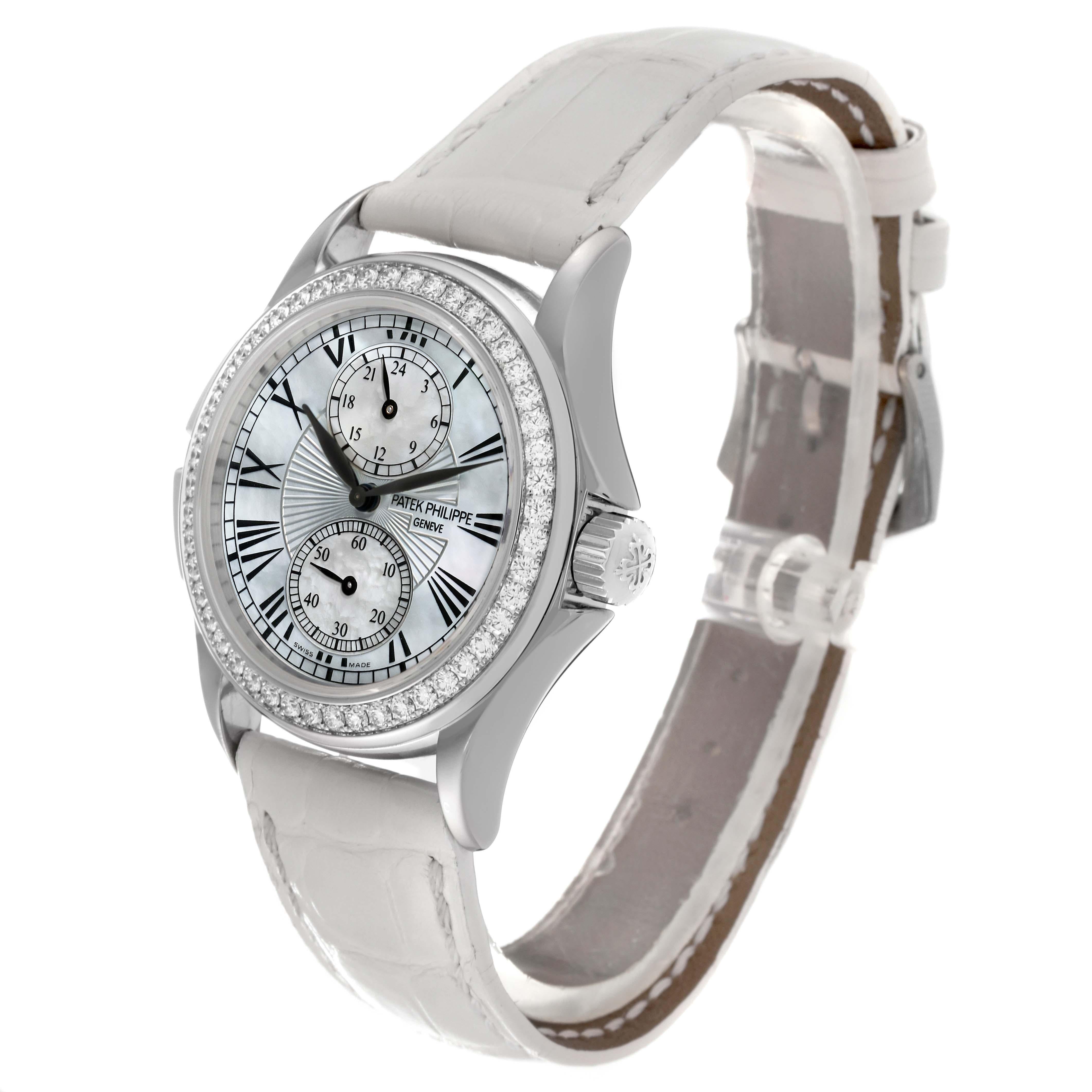 Patek Philippe Calatrava Travel Time White Gold Mother of Pearl Diamond Watch For Sale 2