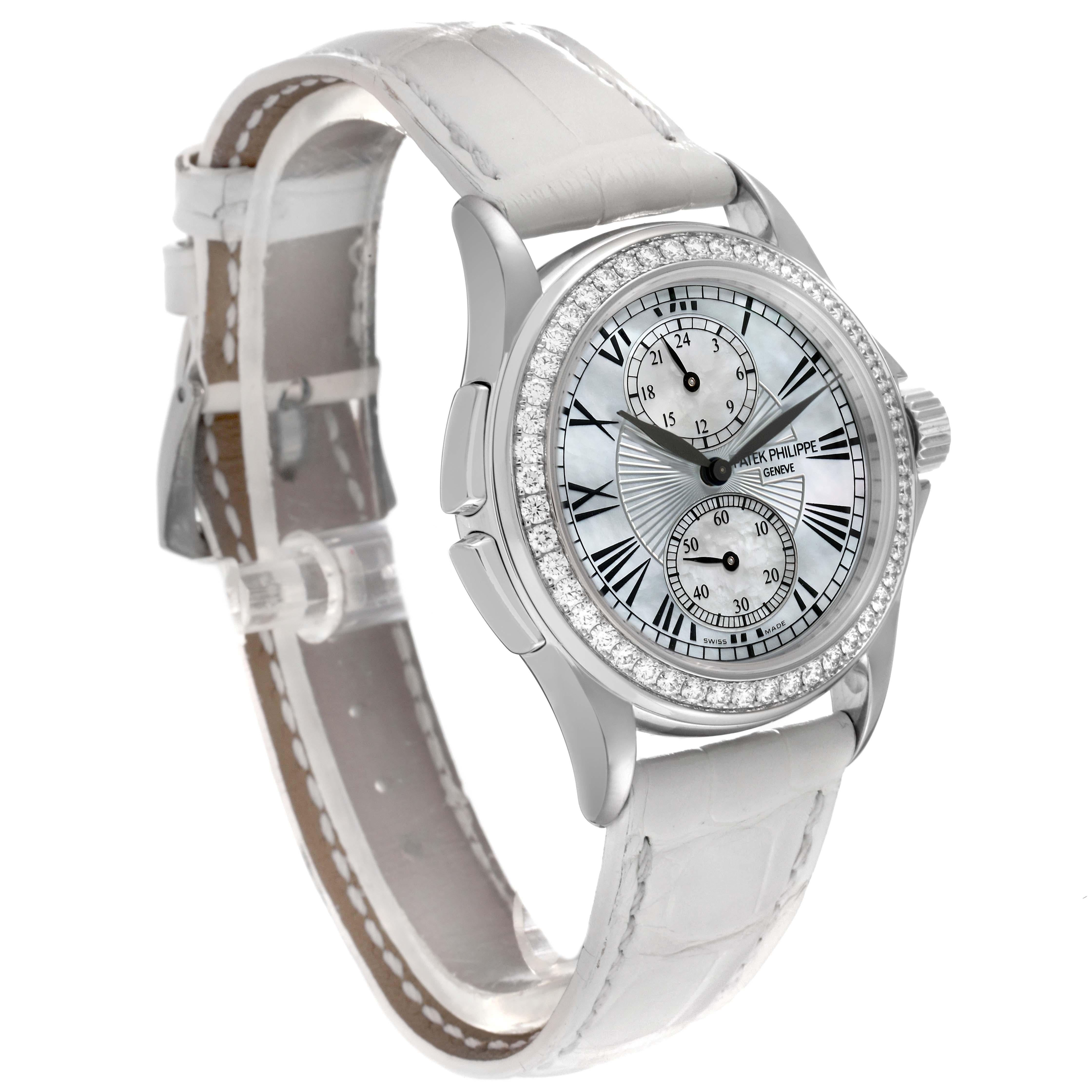 Patek Philippe Calatrava Travel Time White Gold Mother of Pearl Diamond Watch For Sale 3
