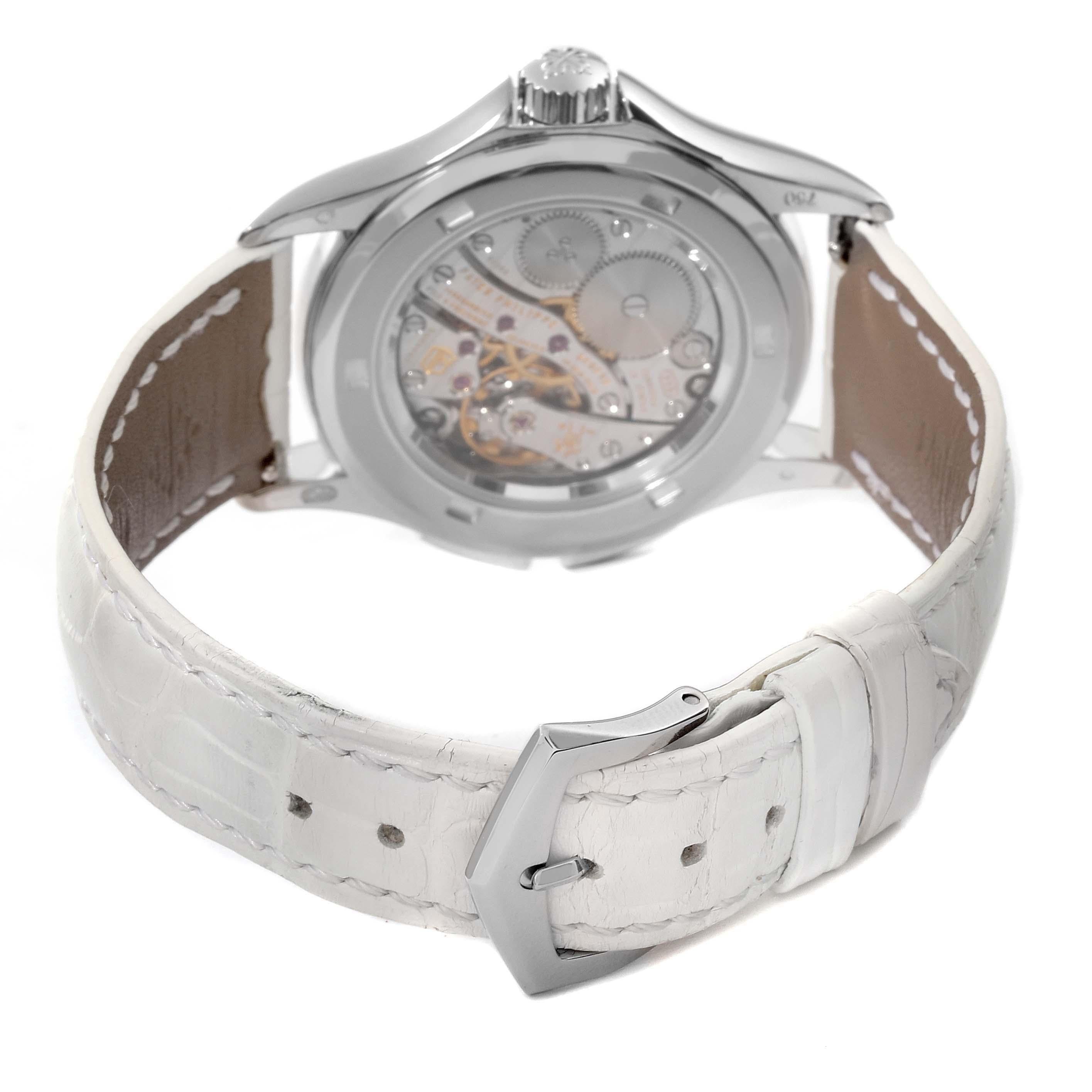 Patek Philippe Calatrava Travel Time White Gold Mother of Pearl Diamond Watch For Sale 4