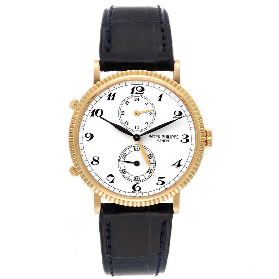 Patek Philippe Calatrava Travel Time Yellow Gold Mens Watch 5034 Box Papers. Manual winding movement. Stamped with the Seal of Geneva Quality Mark, rhodium-plated, fausses cotes decoration, straight-line lever escapement, Glucydur Gyromax balance