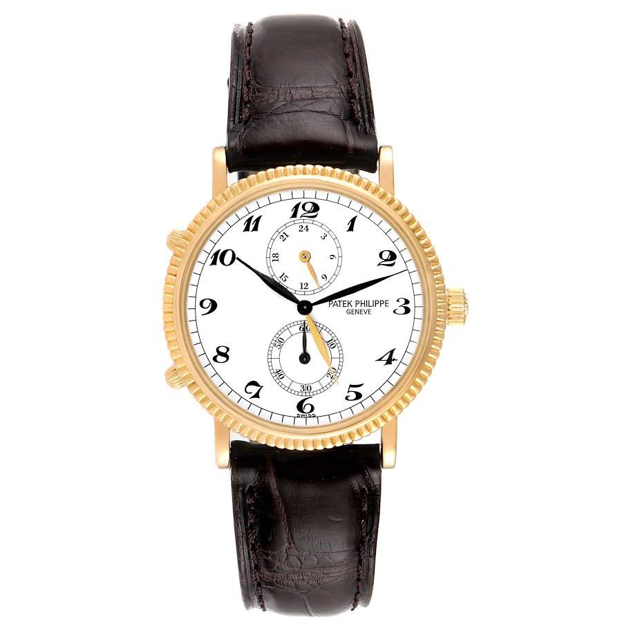 Patek Philippe Calatrava Travel Time Yellow Gold Mens Watch 5034. Manual winding movement. Stamped with the Seal of Geneva Quality Mark, rhodium-plated, fausses cotes decoration, straight-line lever escapement, Glucydur Gyromax balance shock