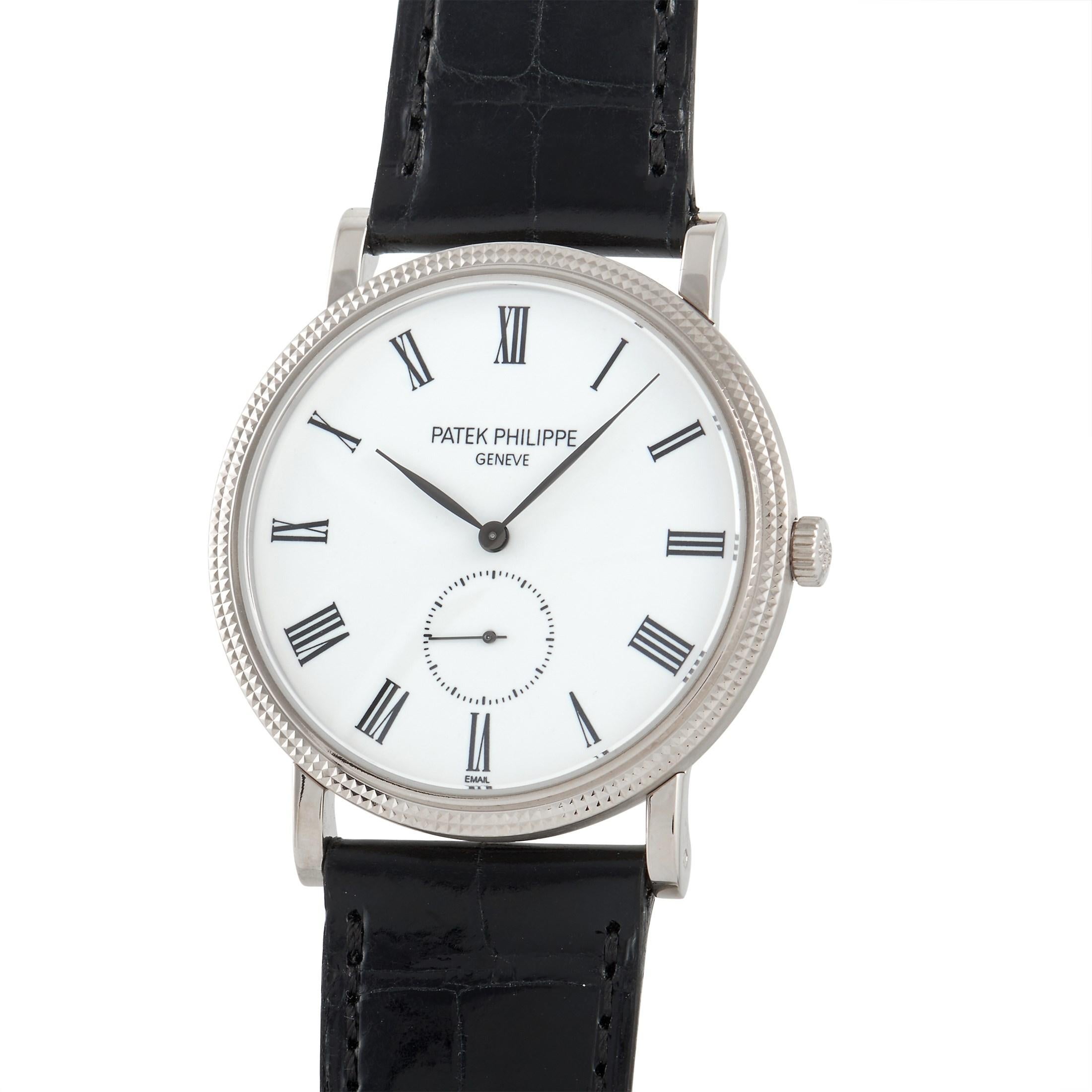 The Patek Philippe Calatrava Watch, reference number 5116G, possesses a striking sense of simplicity. 

On this minimalist timepiece, you’ll find a round 36mm case made from 18k White Gold attached to a sleek black alligator strap. The striking