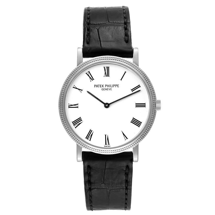 Patek Philippe Calatrava White Gold Automatic Mens Watch 5120. Automatic self-winding movement. Rhodium-plated, fausses cotes decoration, straight-line lever escapement, Gyromax balance adjusted for heat, cold, isochronism and 5 positions, shock