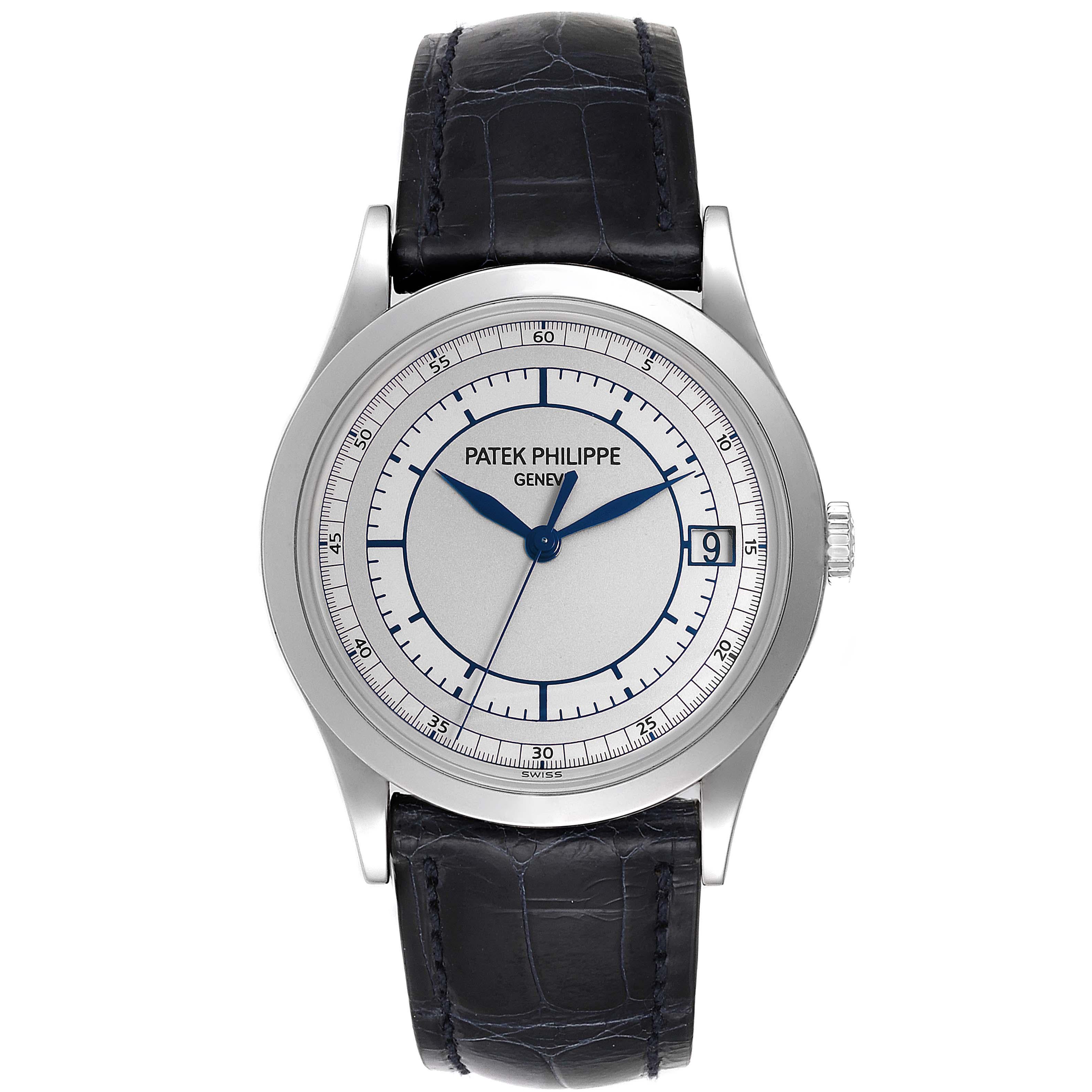 Patek Philippe Calatrava White Gold Automatic Mens Watch 5296. Automatic self-winding movement. Rhodium-plated, fausses cotes decoration,  straight line lever escapement, Gyromax balance adjusted to heat, cold, isochronism and five positions, shock