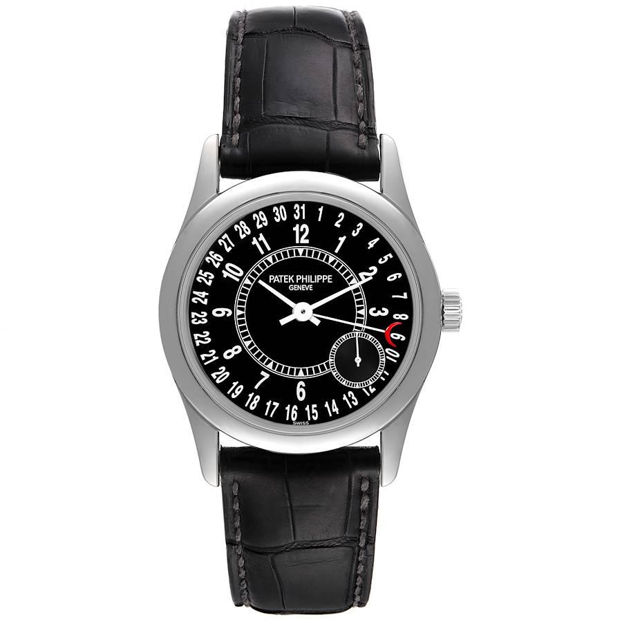 Patek Philippe Calatrava White Gold Black Dial Mens Watch 6000. Automatic self-winding movement with gold micro-rotor, adjusted to heat, cold, isochronism and 5 positions, Seal of Geneva. 18k white gold case 37.0 mm in diameter. Transparent