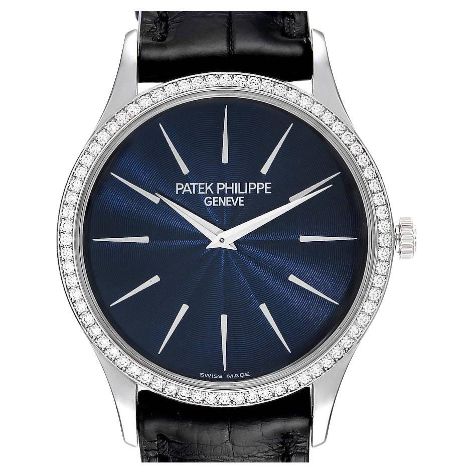 Patek Philippe Calatrava White Gold Blue Dial Diamond Ladies Watch 4896 For Sale