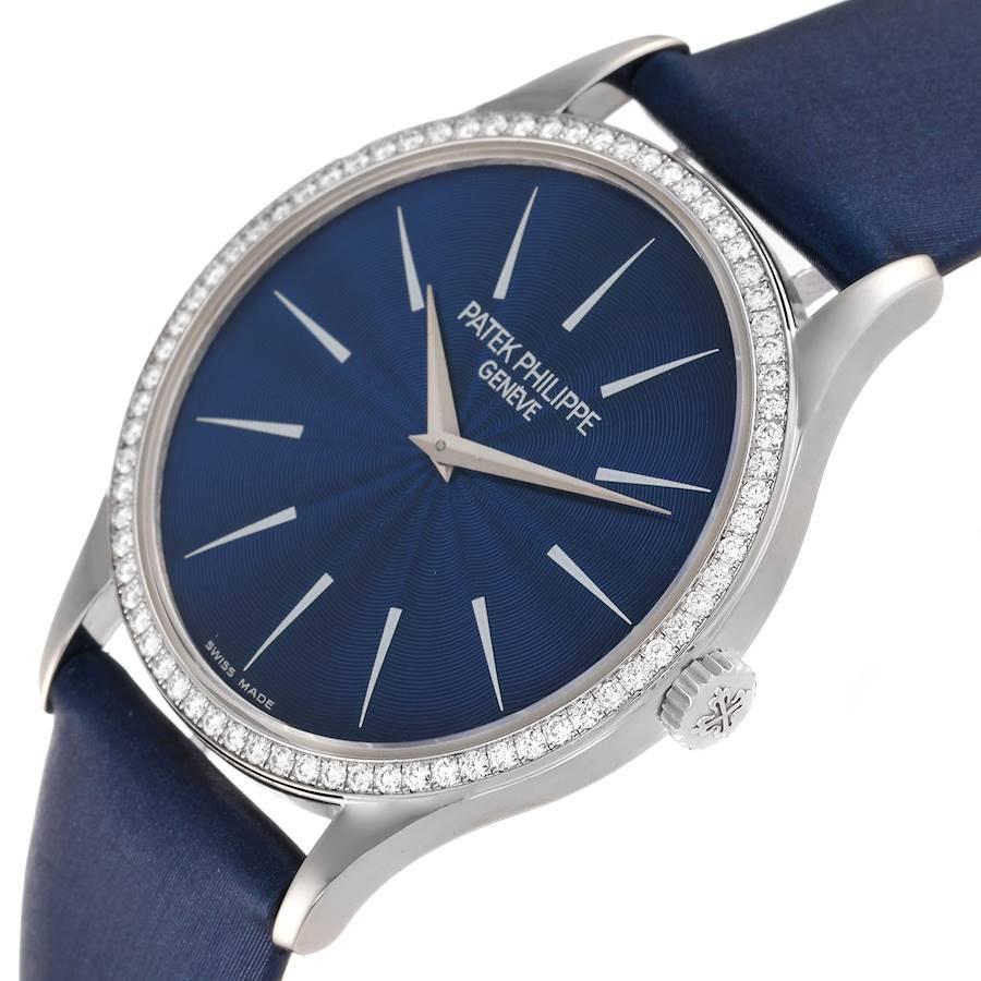 Patek Philippe Calatrava White Gold Blue Dial Diamond Ladies Watch 4896 Papers In Good Condition For Sale In Atlanta, GA
